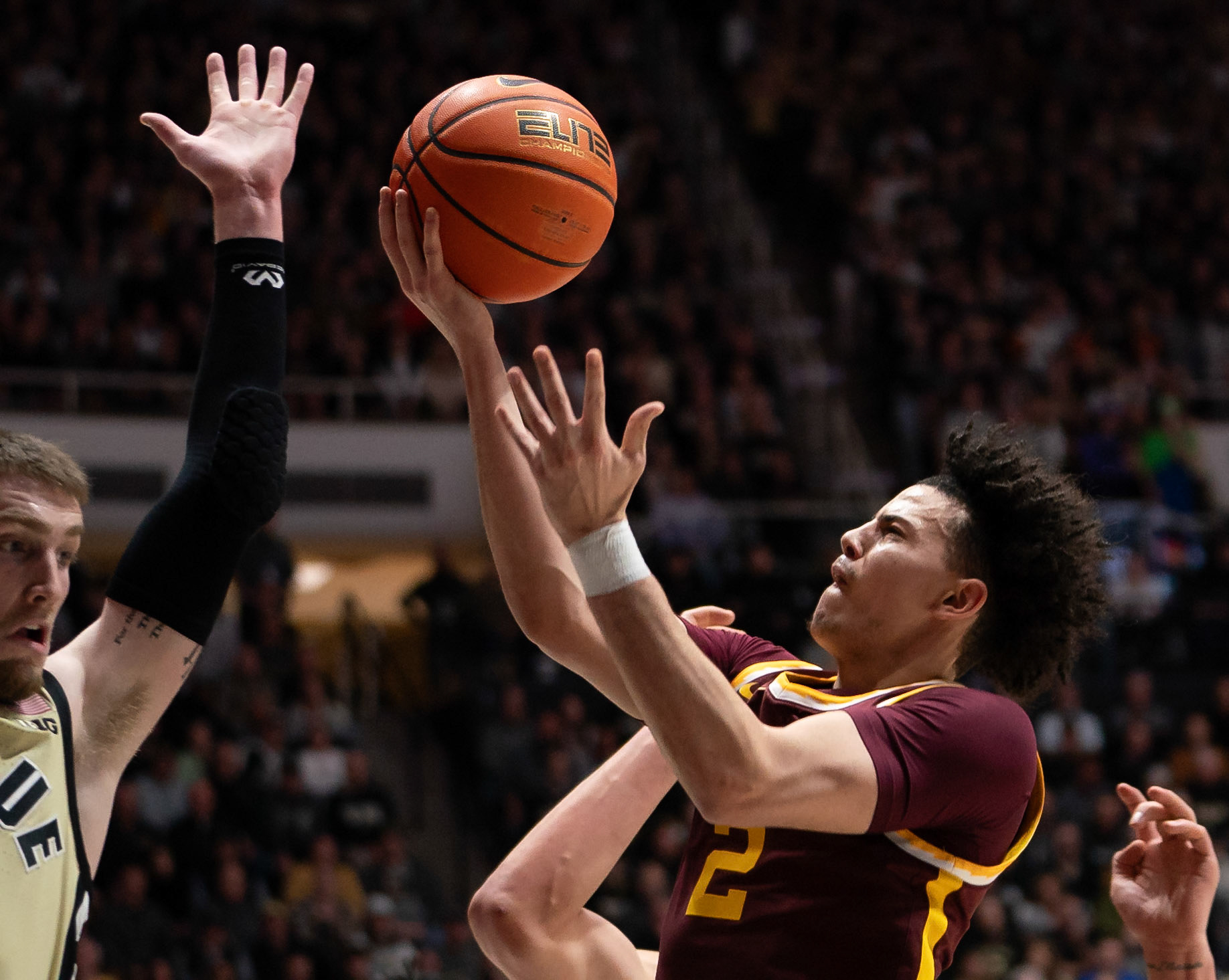 WEST LAFAYETTE, IN - FEBRUARY 15, 2024: Minnesota Junior Guard Mike Mitchell Jr. (2) in Purdue Boilermakers Men's Basketball vs the Minnesota Golden Gophers at Mackey Arena(Photo by Steve Bowen / Bowen Arrow Photography / Northern Indiana Sports Report)