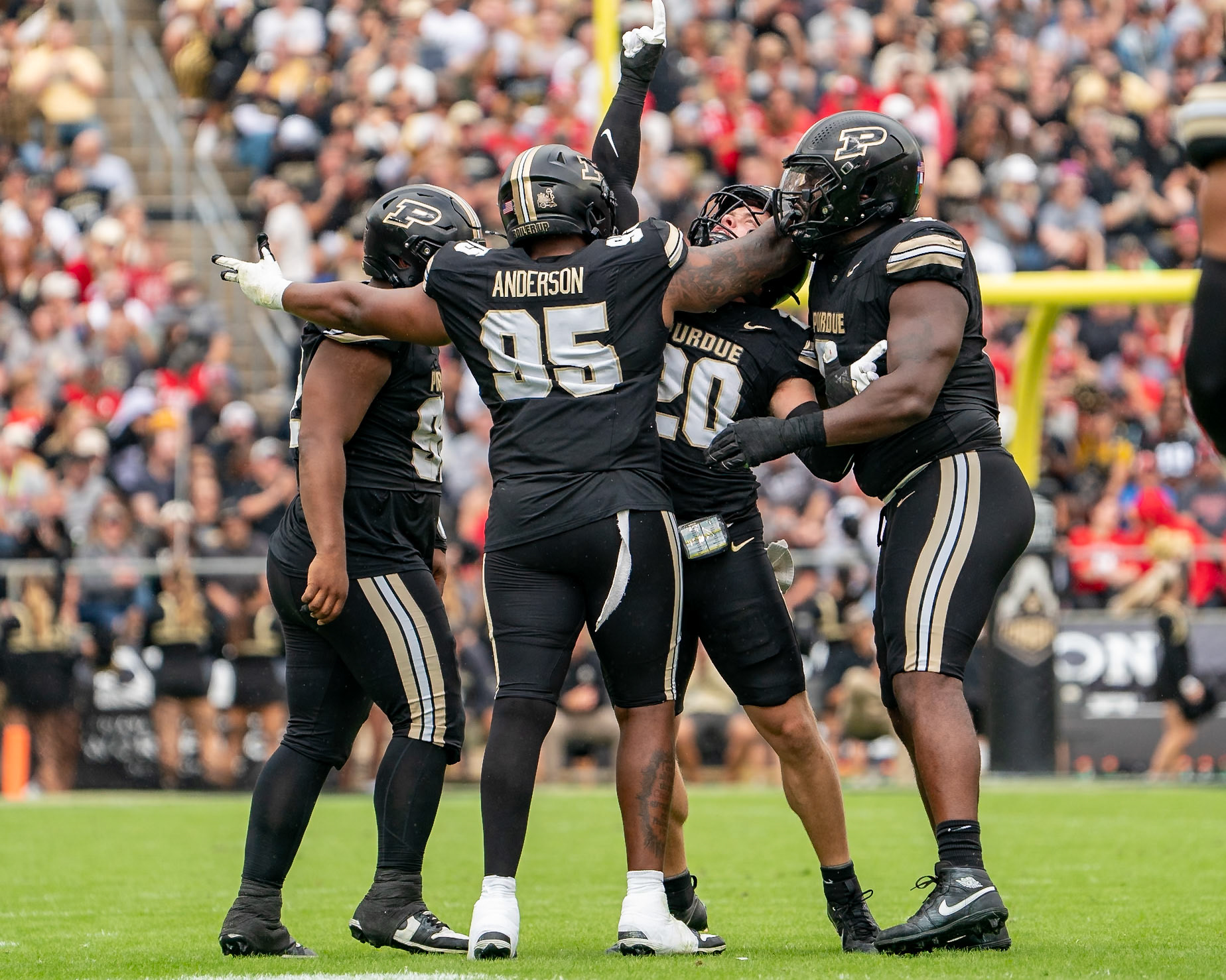 WEST LAFAYETTE, IN - SEPTEMBER 28, 2024: Purdue University Redshirt Freshman Linebacker Winston Berglund (20), Purdue University Senior Defensive Lineman Joe Anderson (95) during the Purdue University Boilermakers vs Nebraska University Cornhuskers Football game at Ross-Ade Stadium(Photo by Steve Bowen / Bowen Arrow Photography / Northern Indiana Sports Report)