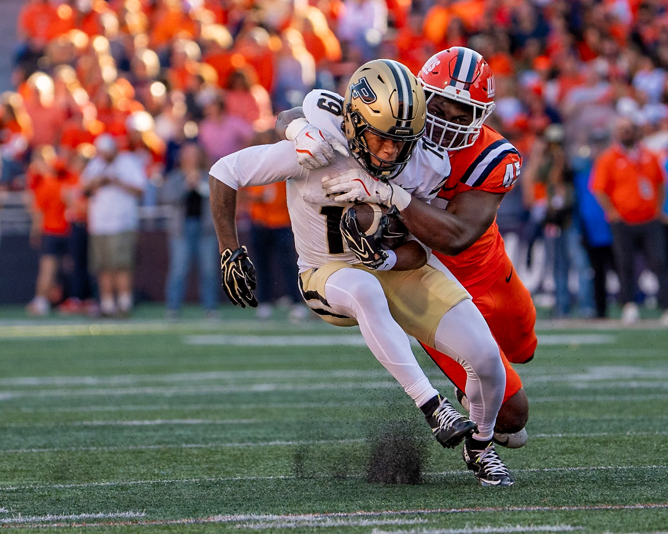 CHAMPAIGN, IL - OCTOBER 3, 2026: Purdue University Sophomore Wide Receiver Asaad Waseem (19), Purdue University Sophomore Defensive End Mason Alnutt (41) during the Purdue Boilermakers at Illinois Fighting Illini football game at Gies Memorial Stadium(Photo by Steve Bowen / Northern Indiana Sports Report)