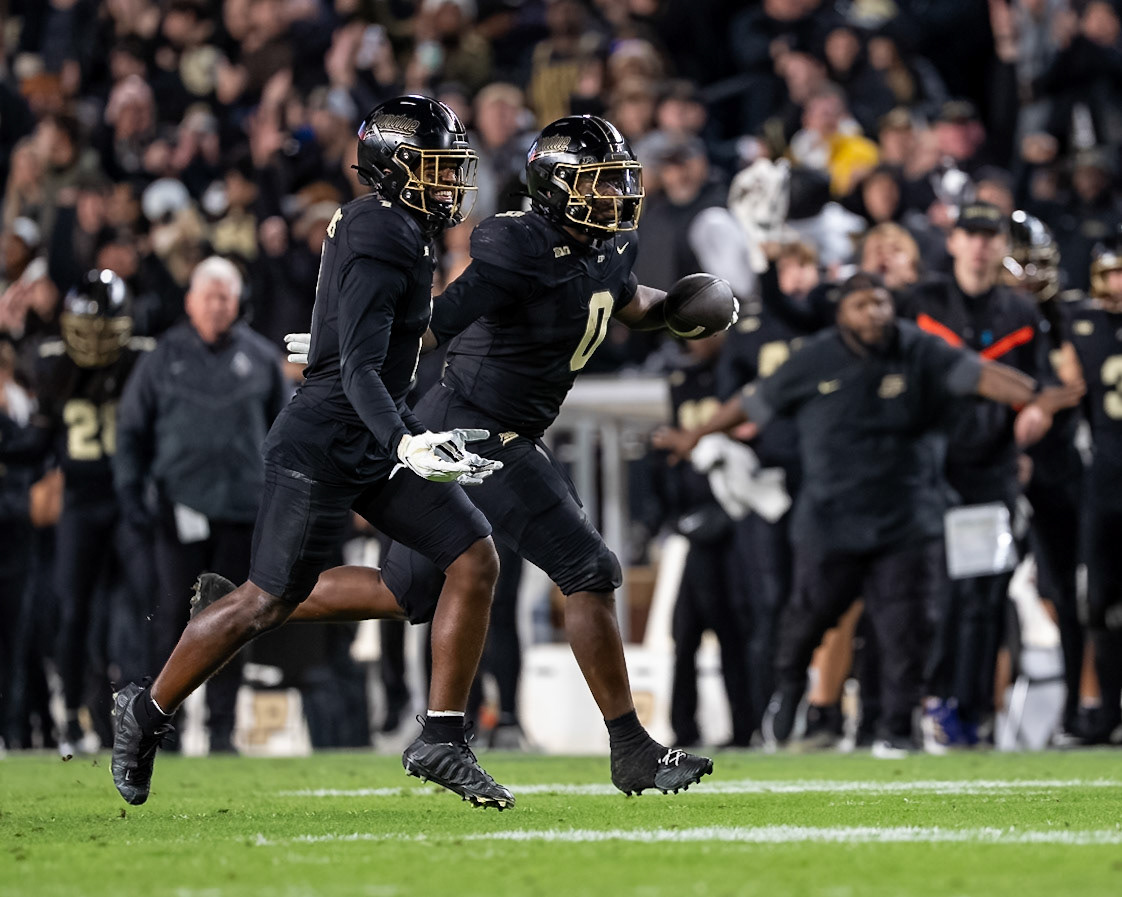 WEST LAFAYETTE, IN - OCTOBER 16, 2026: Purdue University Junior Linebacker Jojo Hayden (0), Purdue University Junior Defensive Back Smiley Bradford (1) during the Purdue Boilermakers vs Washington Huskies football game at Ross-Ade Stadium(Photo by Steve Bowen / Northern Indiana Sports Report)