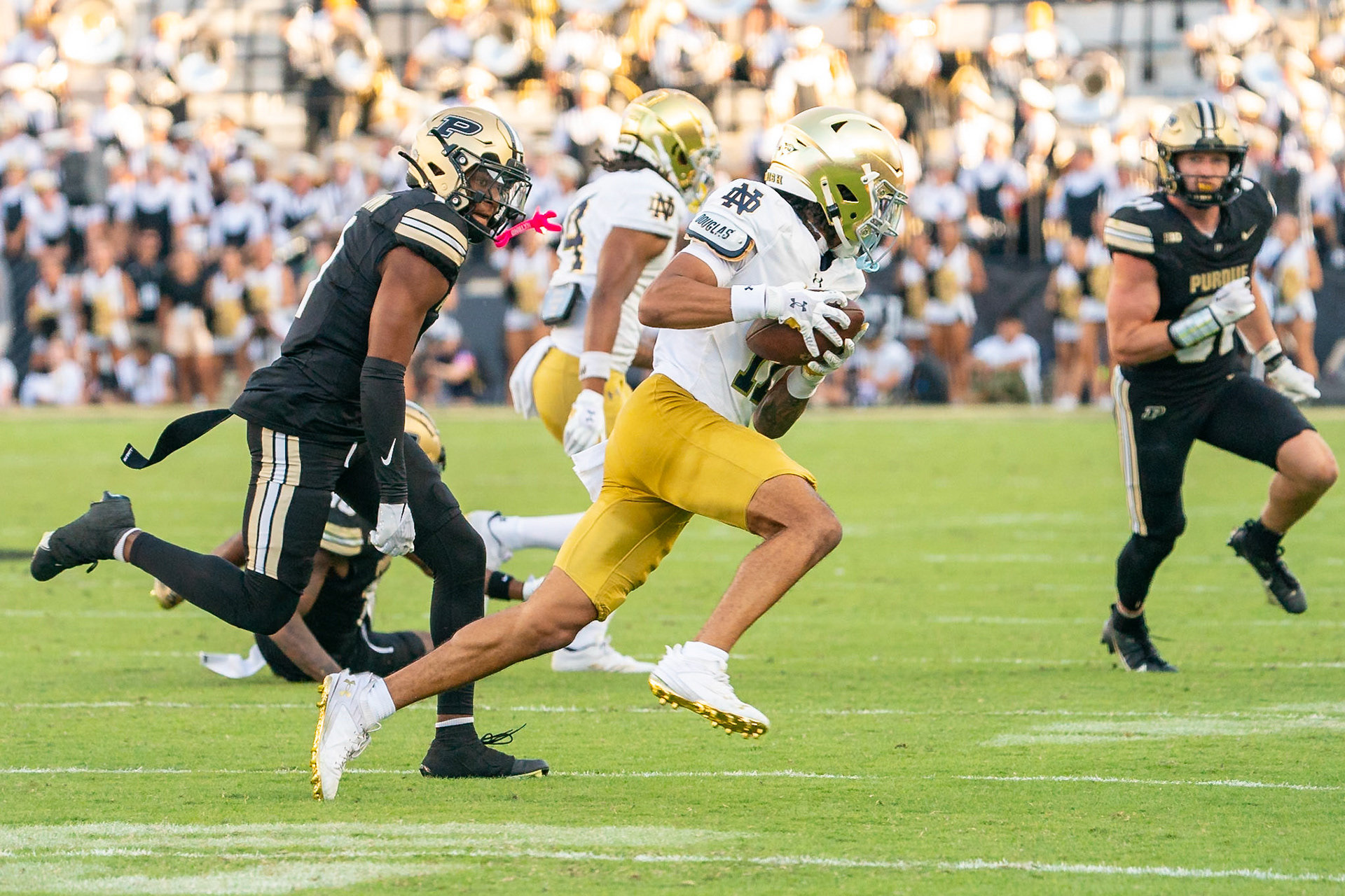 WEST LAFAYETTE, IN - SEPTEMBER 14, 2024: Notre Dame Freshman WR KK Smith (11), Purdue Sr. Defensive Back Markevious Brown (1) during the Purdue University Boilermakers vs Notre Dame Fighting Irish Football game at Ross-Ade Stadium(Photo by Steve Bowen / Bowen Arrow Photography / Northern Indiana Sports Report)
