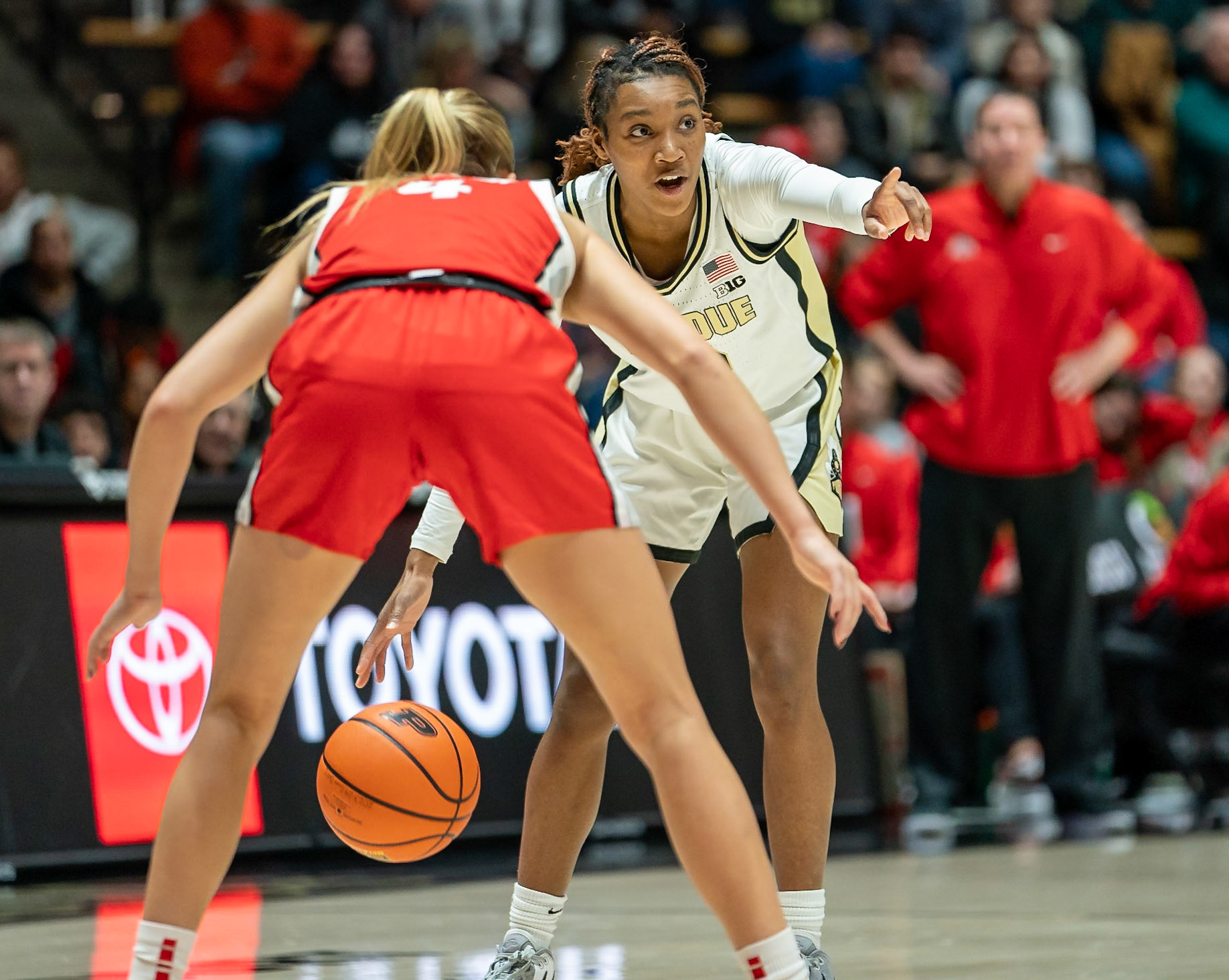WEST LAFAYETTE, IN - JANUARY 28, 2024: Purdue Freshman Guard Rashunda Jones (2), Ohio State Guard Graduate Jacy Sheldon (4) competing in Purdue Boilermaker Women's Basketball versus the Ohio State Buckeyes at Mackey Arena(Photo by Steve Bowen / Bowen Arrow Photography / Northern Indiana Sports Report)