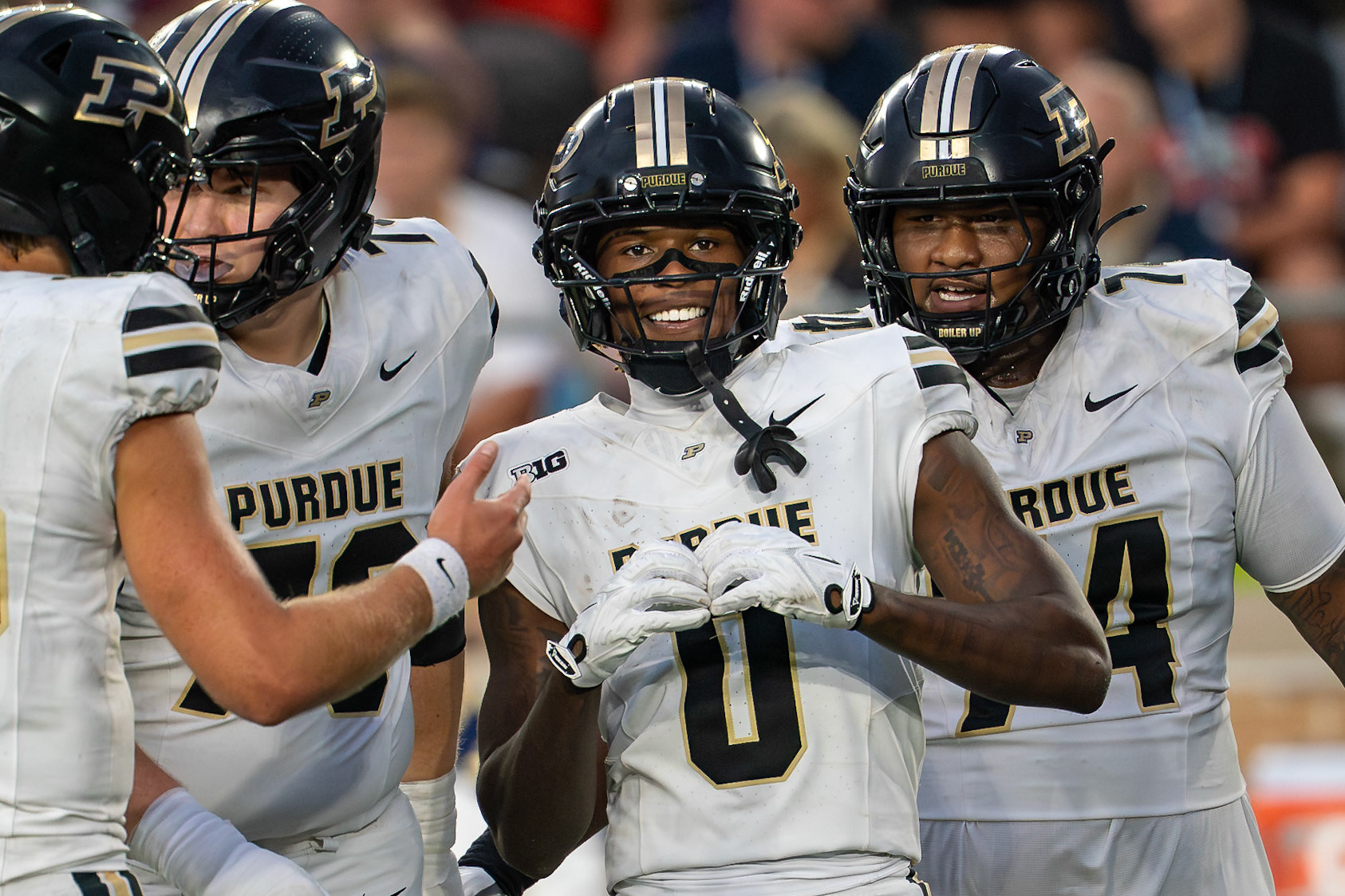 SOUTH BEND, IN - SEPTEMBER 20, 2025: Purdue University Sophomore Wide Receiver Nitro Tuggle (0) smiling big after scoring a touchdown during the Purdue Boilermakers at Notre Dame Fighting Irish Football at Notre Dame Stadium(Photo by Steve Bowen / Northern Indiana Sports Report)