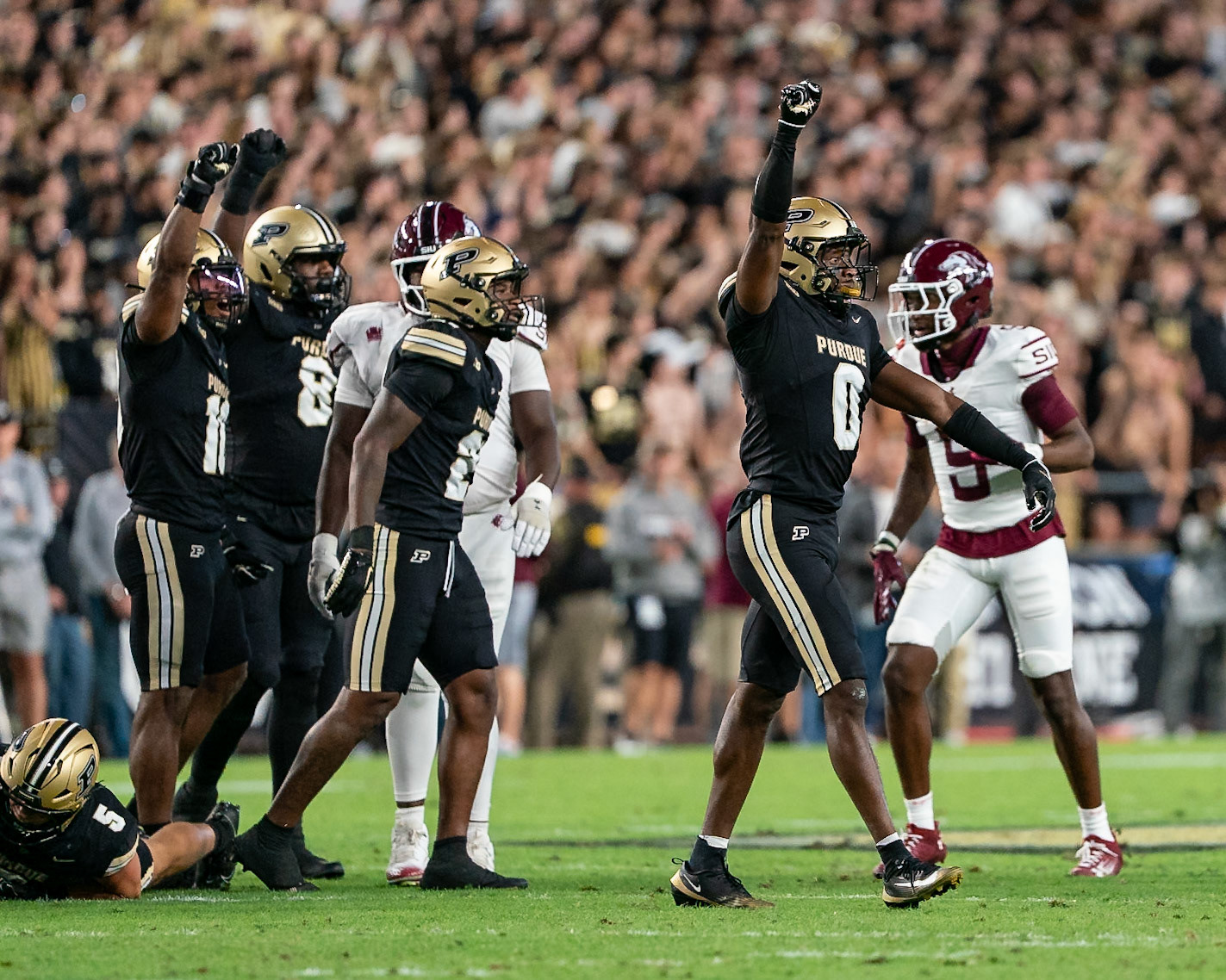 WEST LAFAYETTE, IN - SEPTEMBER 6, 2025: Purdue University Senior Defensive Back Tony Grimes (0) celebrates a fourth down at Purdue Boilermaker Football vs Southern Illinois Saluki Football at Ross-Ade Stadium(Photo by Steve Bowen / Northern Indiana Sports Report)