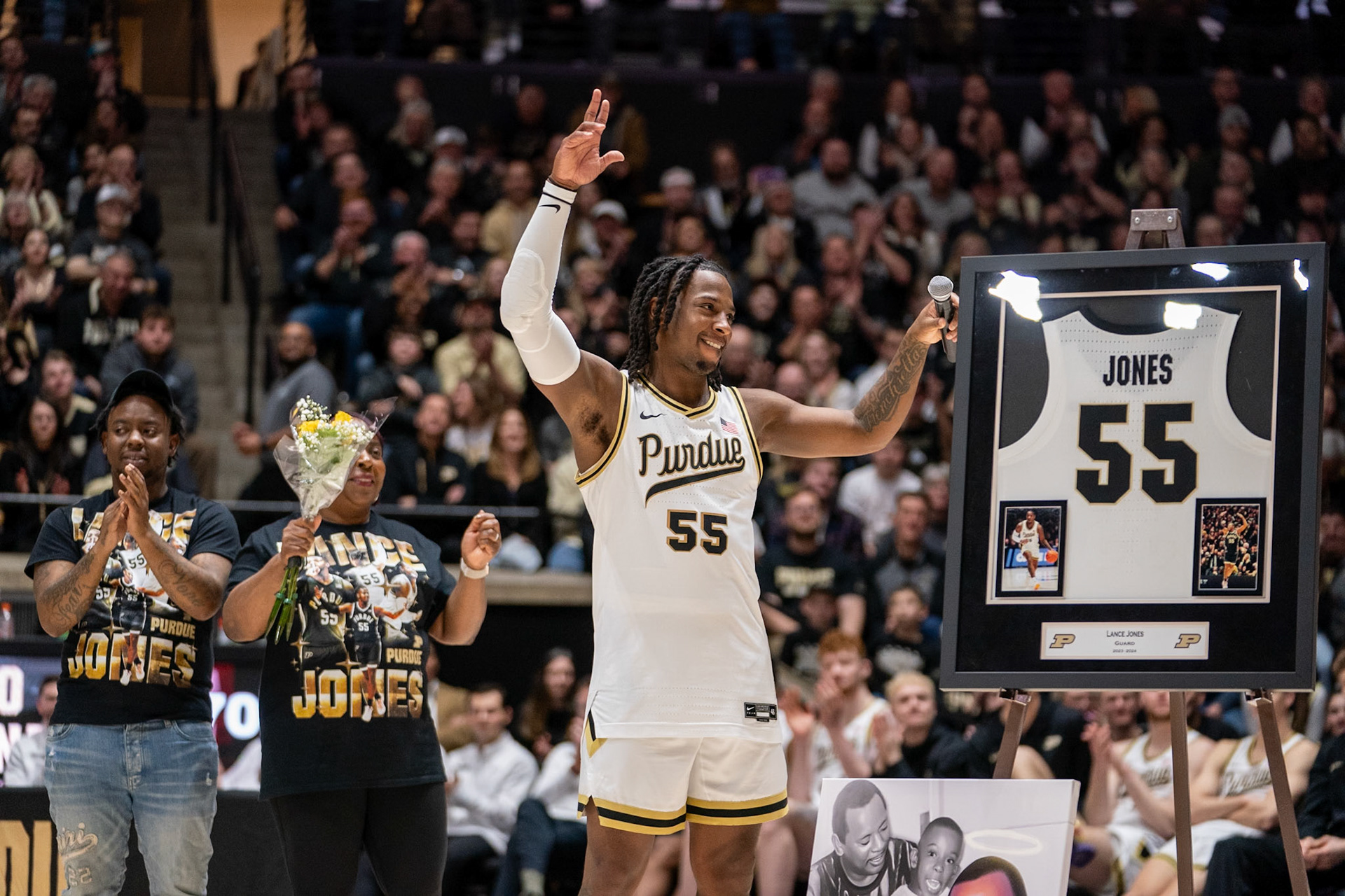 WEST LAFAYETTE, IN - MARCH 10, 2024: Purdue 5th year Guard Lance Jones (55) in Purdue University Boilermaker Basketball vs University of Wisconsin Badgers at Mackey Arena(Photo by Steve Bowen / Bowen Arrow Photography / Northern Indiana Sports Report)