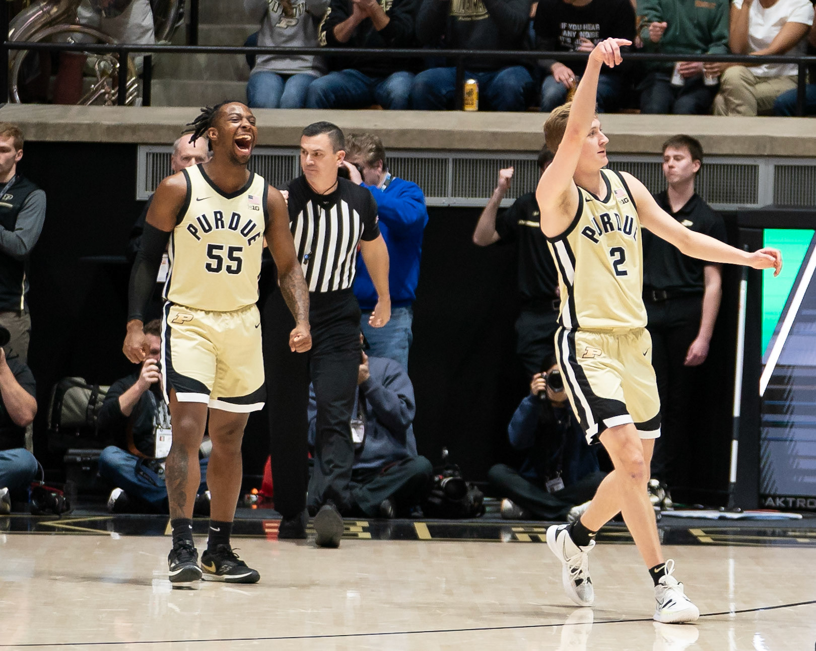 WEST LAFAYETTE, IN - FEBRUARY 15, 2024: Purdue Sophomore Guard Fletcher Loyer (2), Purdue 5th year Guard Lance Jones (55) in Purdue Boilermakers Men's Basketball vs the Minnesota Golden Gophers at Mackey Arena(Photo by Steve Bowen / Bowen Arrow Photography / Northern Indiana Sports Report)