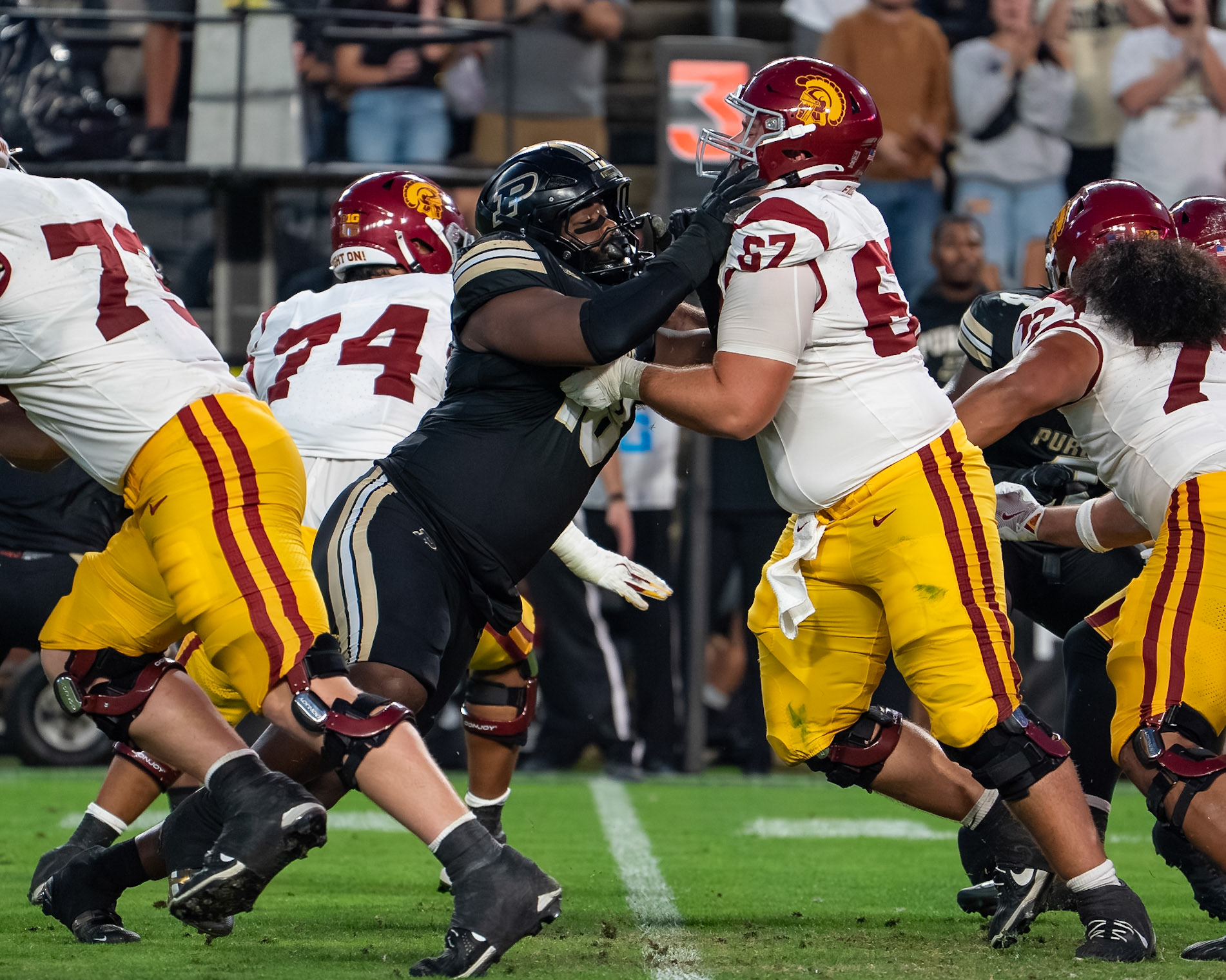 WEST LAFAYETTE, IN - SEPTEMBER 13, 2025: USC Redshirt Junior OL Kilian O'Connor (67) in Purdue Boilermaker Football vs University of Southern California Trojans at Ross-Ade Stadium(Photo by Steve Bowen / Northern Indiana Sports Report)