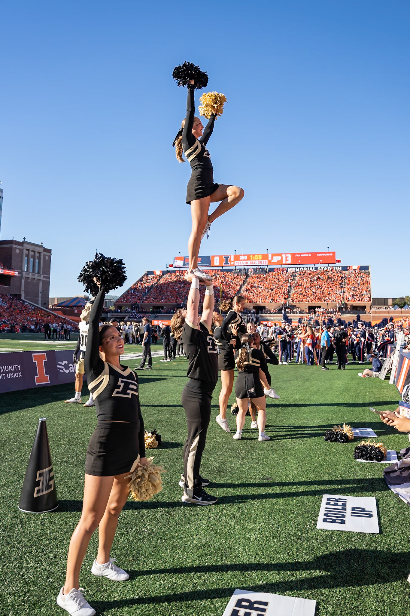CHAMPAIGN, IL - OCTOBER 3, 2026: Purdue University Spirit Squad Cheerleading during the Purdue Boilermakers at Illinois Fighting Illini football game at Gies Memorial Stadium(Photo by Steve Bowen / Northern Indiana Sports Report)