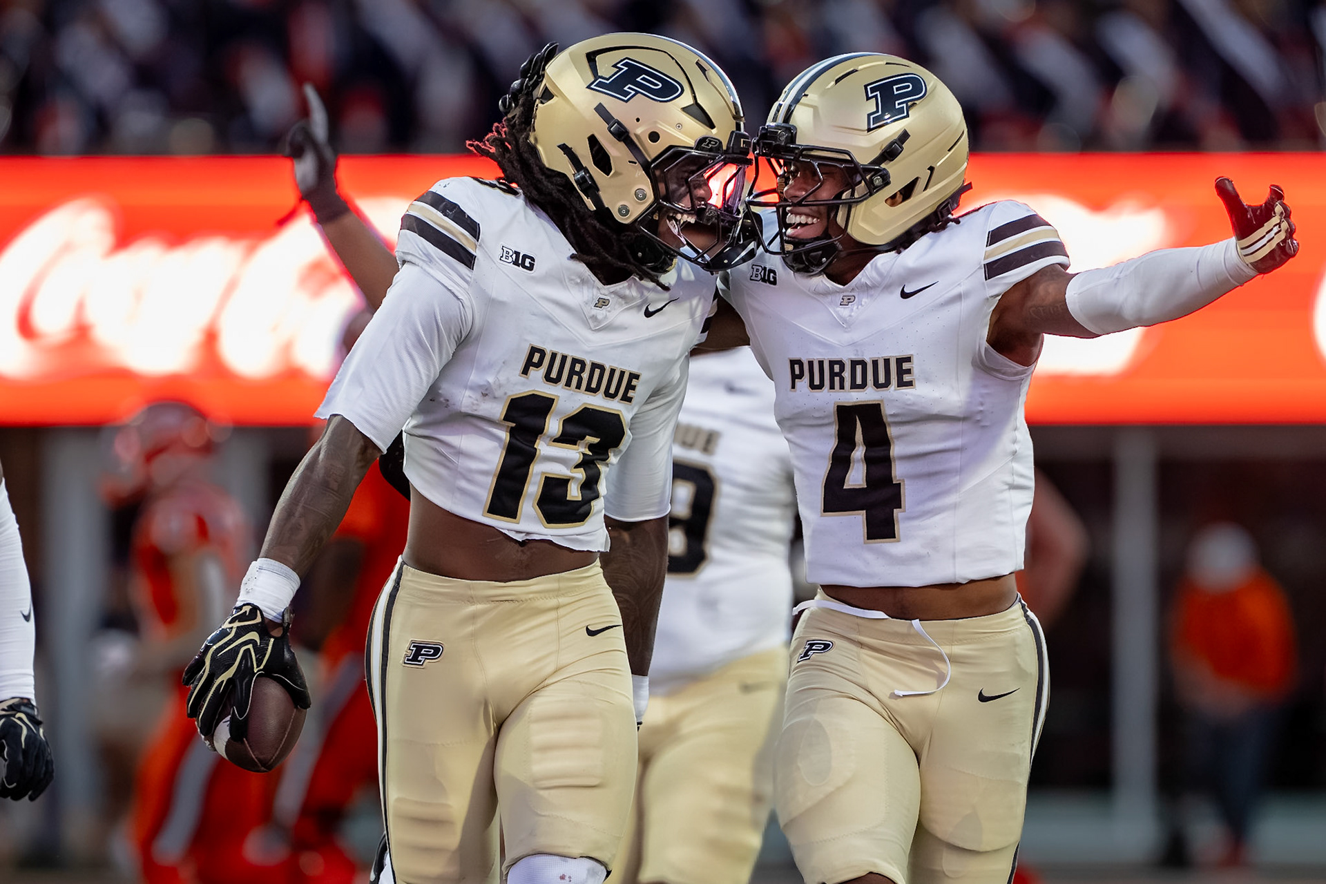 CHAMPAIGN, IL - OCTOBER 3, 2026: Purdue University Junior Defensive Back John Slaughter (13), Purdue University Junior Defensive Back Hudauri Hines (4) during the Purdue Boilermakers at Illinois Fighting Illini football game at Gies Memorial Stadium(Photo by Steve Bowen / Northern Indiana Sports Report)