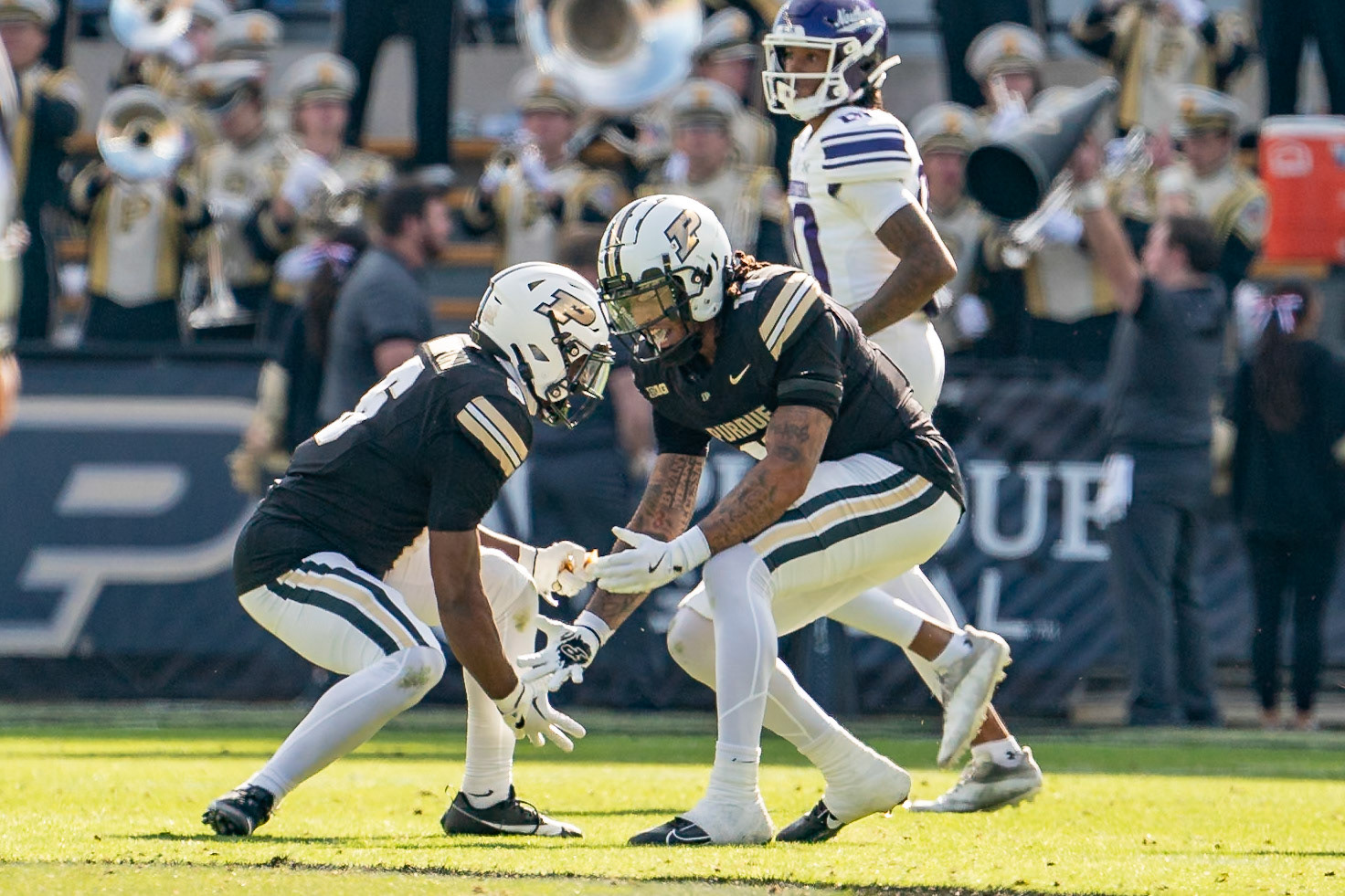 WEST LAFAYETTE, IN - NOVEMBER 2, 2024: Purdue University Senior Defensive Back Antonio Stevens (11) celebrating after an interception with Purdue University Freshman Defensive Back Smiley Bradford (6) during the Purdue University Boilermakers vs Northwestern University Wildcats Football game at Ross-Ade Stadium(Photo by Steve Bowen / Bowen Arrow Photography / Northern Indiana Sports Report)