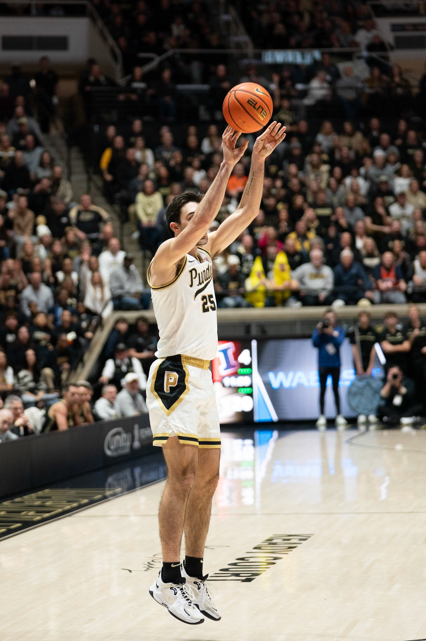 WEST LAFAYETTE, IN - JANUARY 5, 2024: Purdue Senior Guard Ethan Morton (25) taking a three point shot in Purdue Boilermaker's Basketball vs the Illinois Fighting Illini at Mackey Arena(Photo by Steve Bowen / Bowen Arrow Photography / Northern Indiana Sports Report)