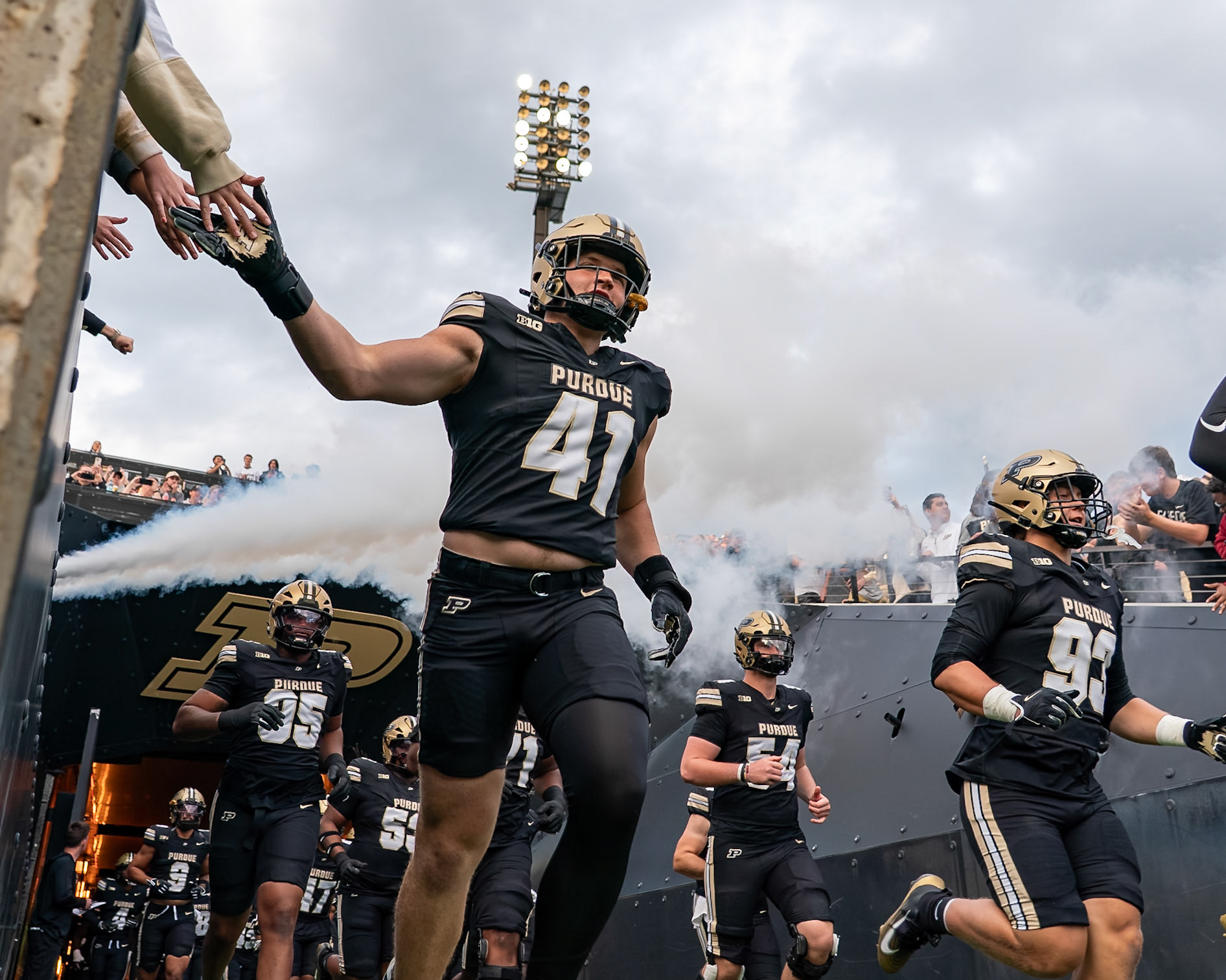 WEST LAFAYETTE, IN - SEPTEMBER 6, 2025: Purdue University Freshman Tight End Jon Grimmett (41) running out of the Tiller Tunnel before the Purdue Boilermaker Football vs Southern Illinois Saluki Football game at Ross-Ade Stadium(Photo by Steve Bowen / Northern Indiana Sports Report)