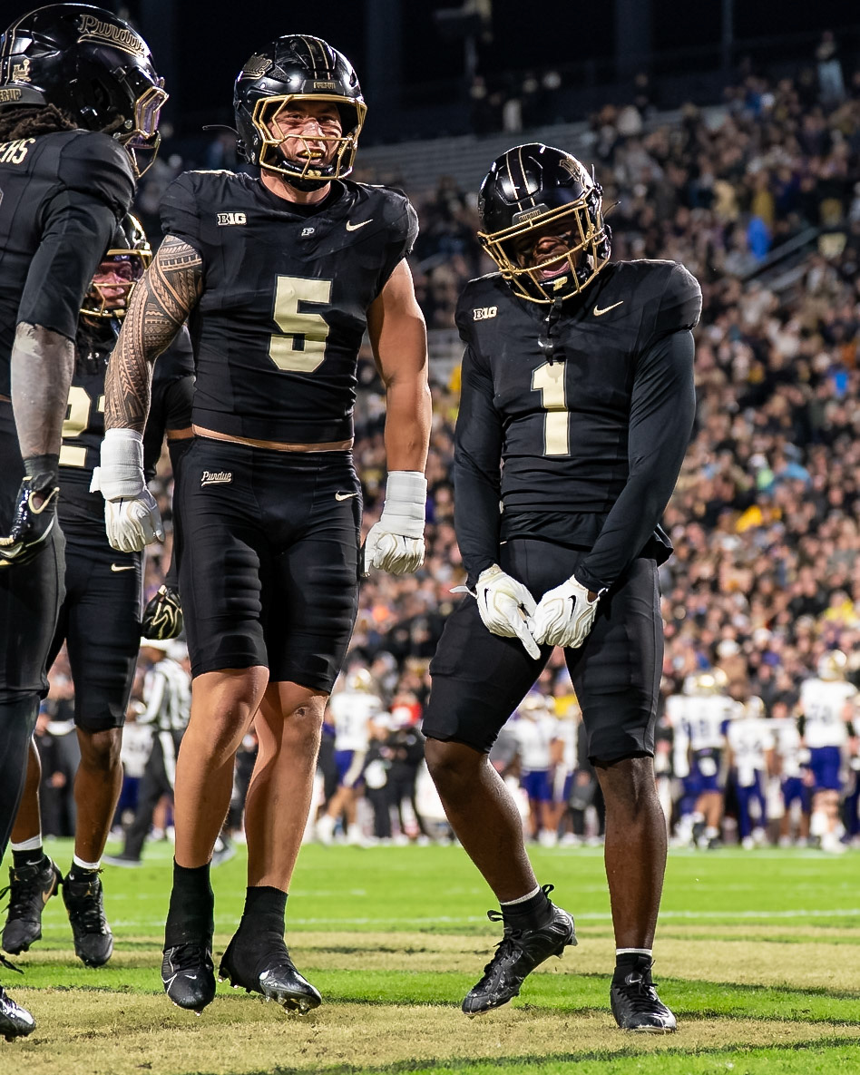 WEST LAFAYETTE, IN - OCTOBER 16, 2026: Purdue University Junior Defensive Back Smiley Bradford (1), Purdue University Junior Linebacker Charles Correa (5) during the Purdue Boilermakers vs Washington Huskies football game at Ross-Ade Stadium(Photo by Steve Bowen / Northern Indiana Sports Report)