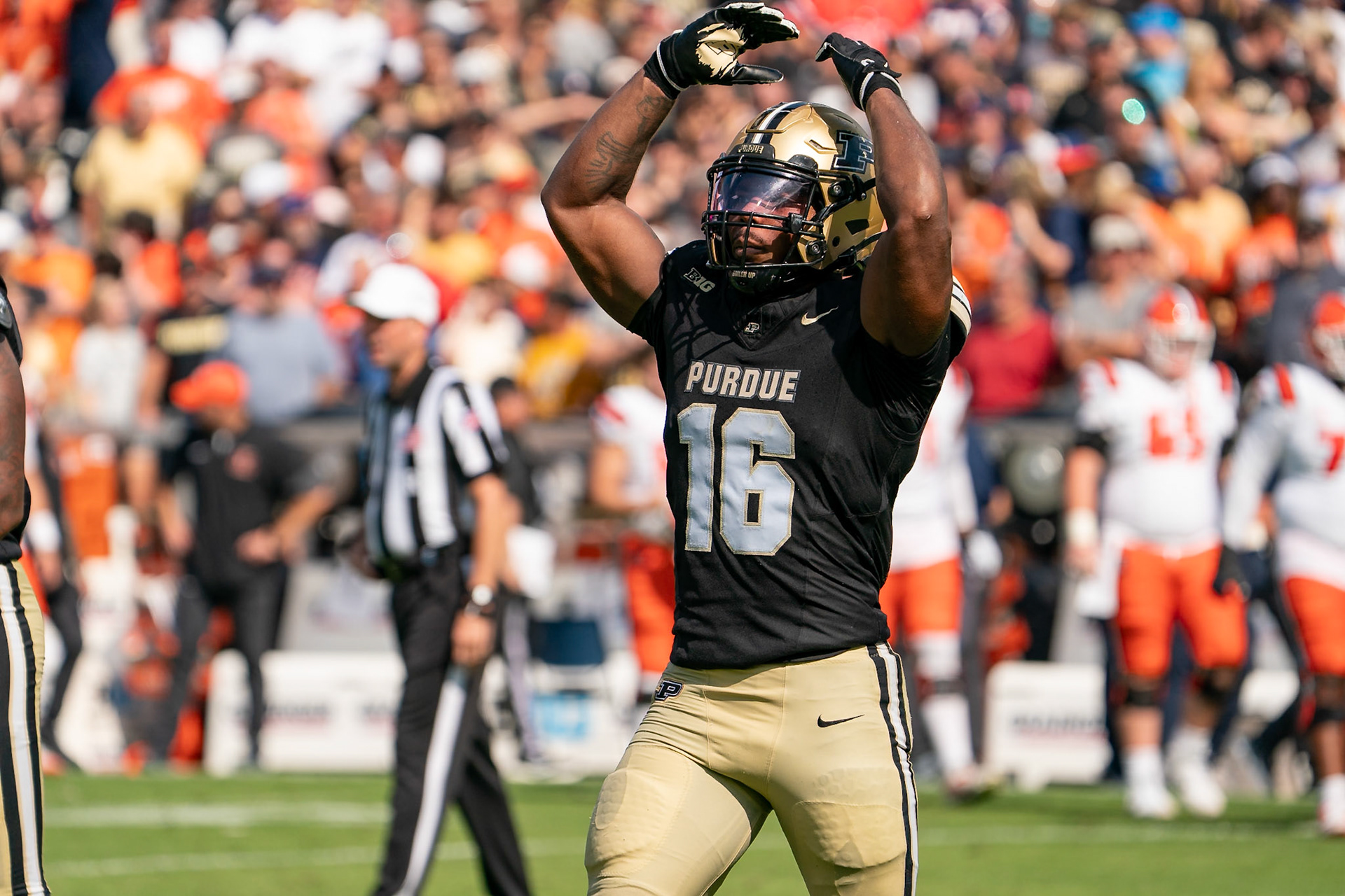WEST LAFAYETTE, IN - OCTOBER 4, 2025: Purdue University Senior Linebacker Mani Powell (16) gets the crowd going during the Purdue Boilermaker Football vs University of Illinois Fighting Illini at Ross-Ade Stadium(Photo by Steve Bowen / Northern Indiana Sports Report)