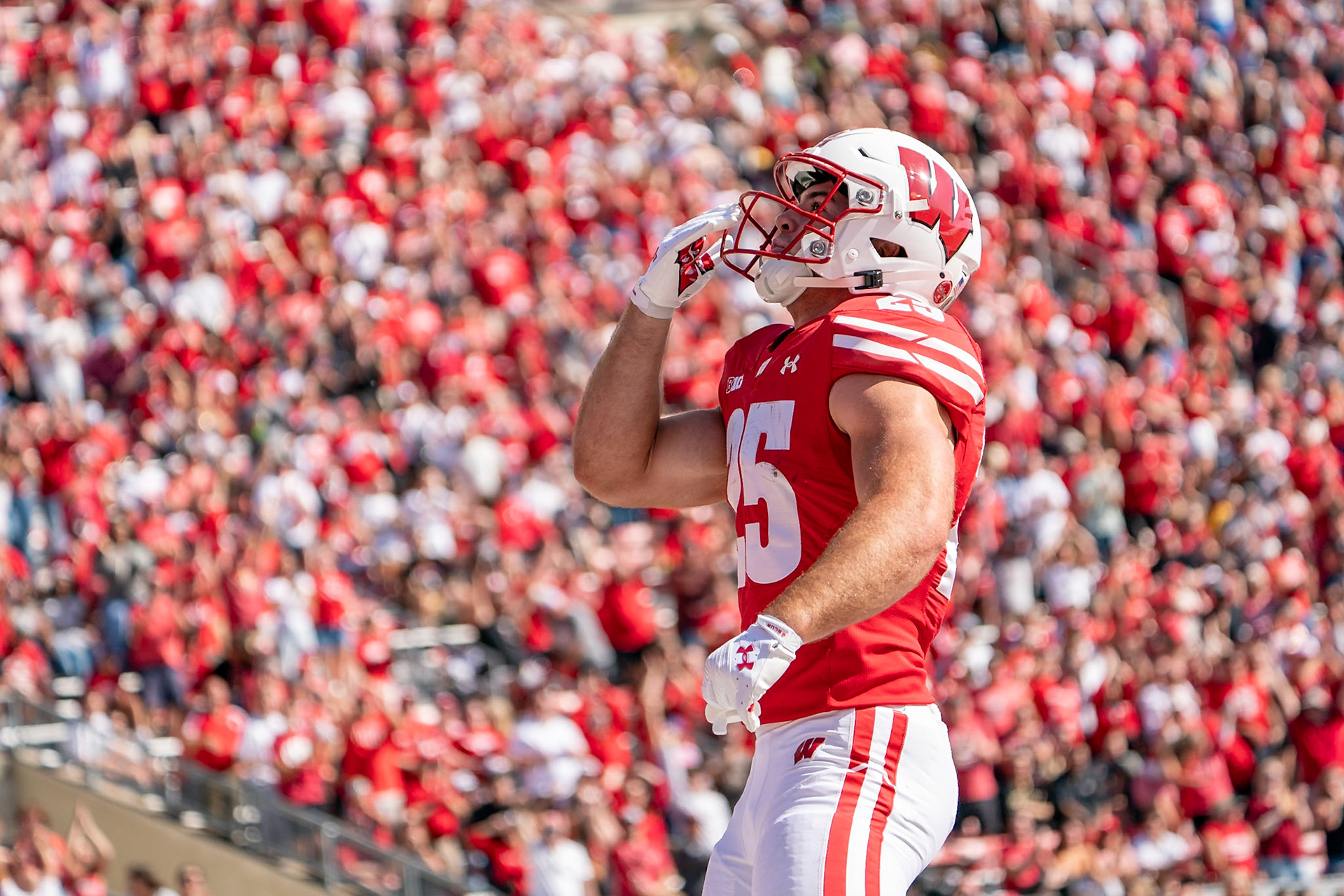 MADISON, WI - OCTOBER 5, 2024: University of Wisconsin Redshirt Sophomore RB Cade Yacamelli (25) celebrates after a TD during the Purdue University Boilermakers at University of Wisconsin Badger Football game at Camp Randall Stadium(Photo by Steve Bowen / NISports Report)