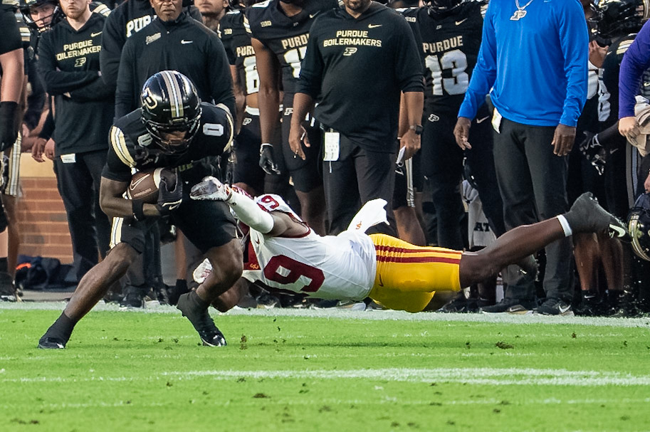 WEST LAFAYETTE, IN - SEPTEMBER 13, 2025: Purdue University Sophomore Wide Receiver Nitro Tuggle (0), USC Redshirt Senior S Bishop Fitzgerald (19) in Purdue Boilermaker Football vs University of Southern California Trojans at Ross-Ade Stadium(Photo by Steve Bowen / Northern Indiana Sports Report)