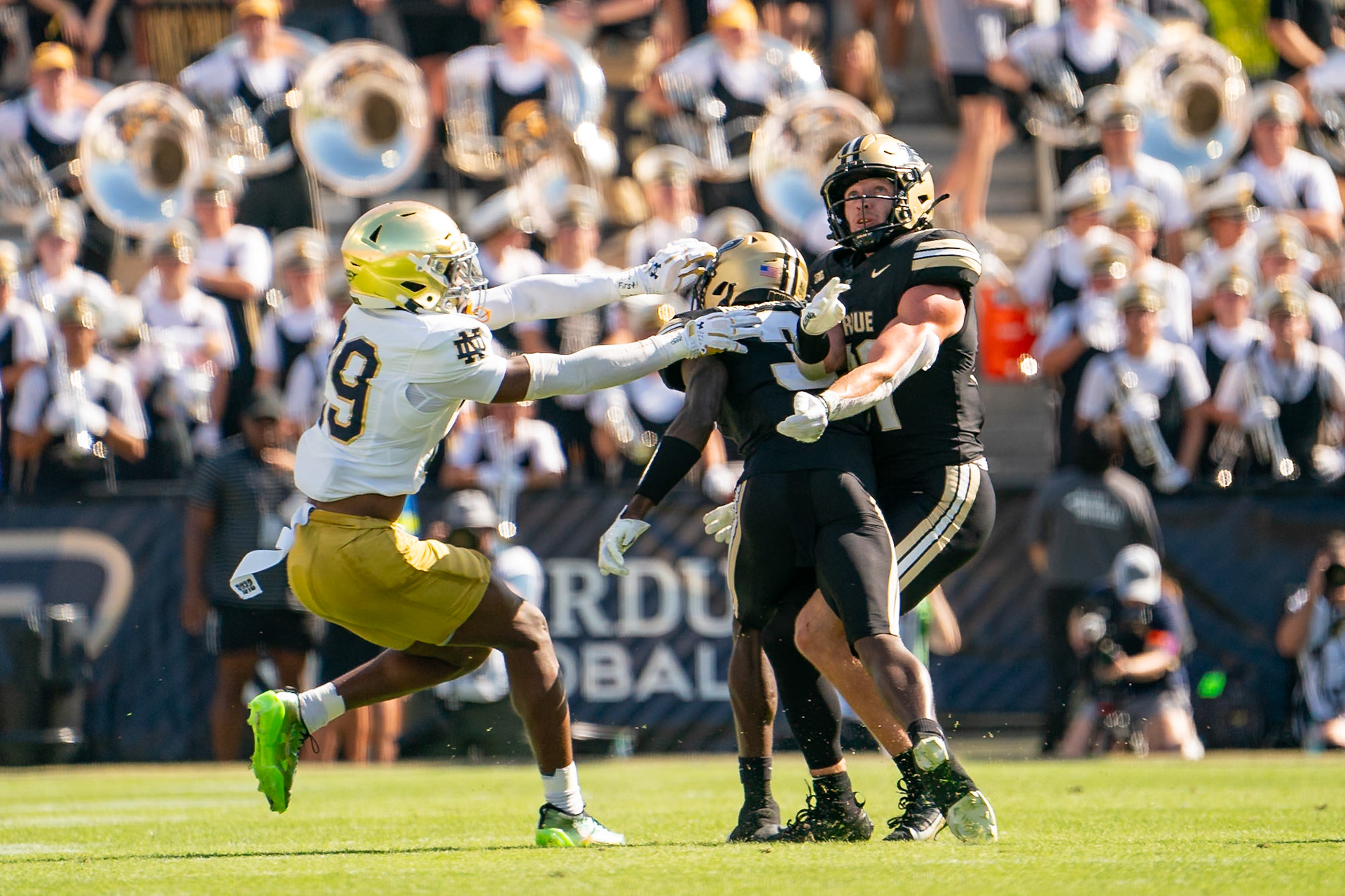 WEST LAFAYETTE, IN - SEPTEMBER 14, 2024: Purdue So. Defensive Back Dillon Thieneman (31), Purdue So. Defensive Back Derrick Rogers Jr. (3), Notre Dame Sophomore CB Christian Gray (29) during the Purdue University Boilermakers vs Notre Dame Fighting Irish Football game at Ross-Ade Stadium(Photo by Steve Bowen / Bowen Arrow Photography / Northern Indiana Sports Report)