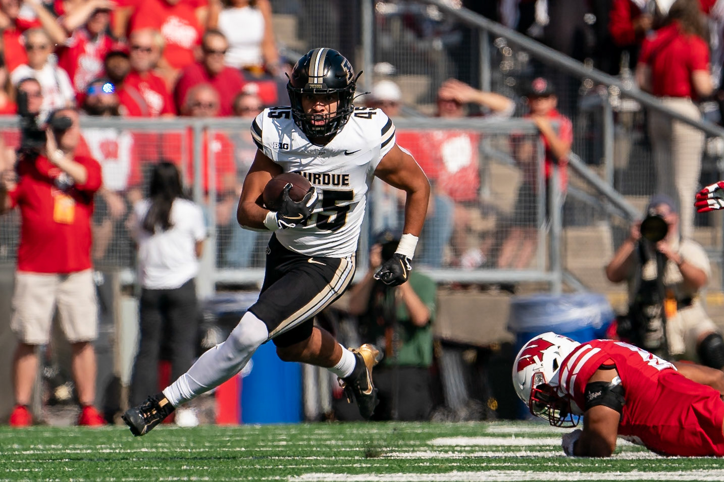 MADISON, WI - OCTOBER 5, 2024: Purdue University Junior Running Back Devin Mockobee (45) during the Purdue University Boilermakers at University of Wisconsin Badger Football game at Camp Randall Stadium(Photo by Steve Bowen / NISports Report)