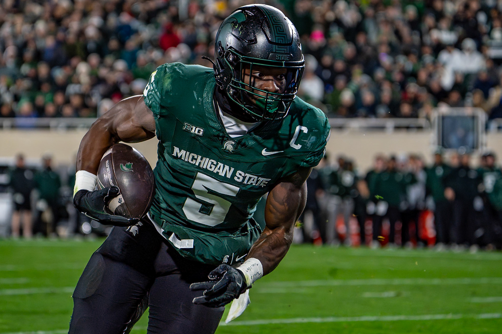 EAST LANSING, MI - NOVEMBER 22, 2024: Michigan State University Running Back Nate Carter (5) in Purdue University Boilermakers at Michigan State University Spartans Football game at Spartan Stadium(Photo by Steve Bowen / Bowen Arrow Photography / Northern Indiana Sports Report)