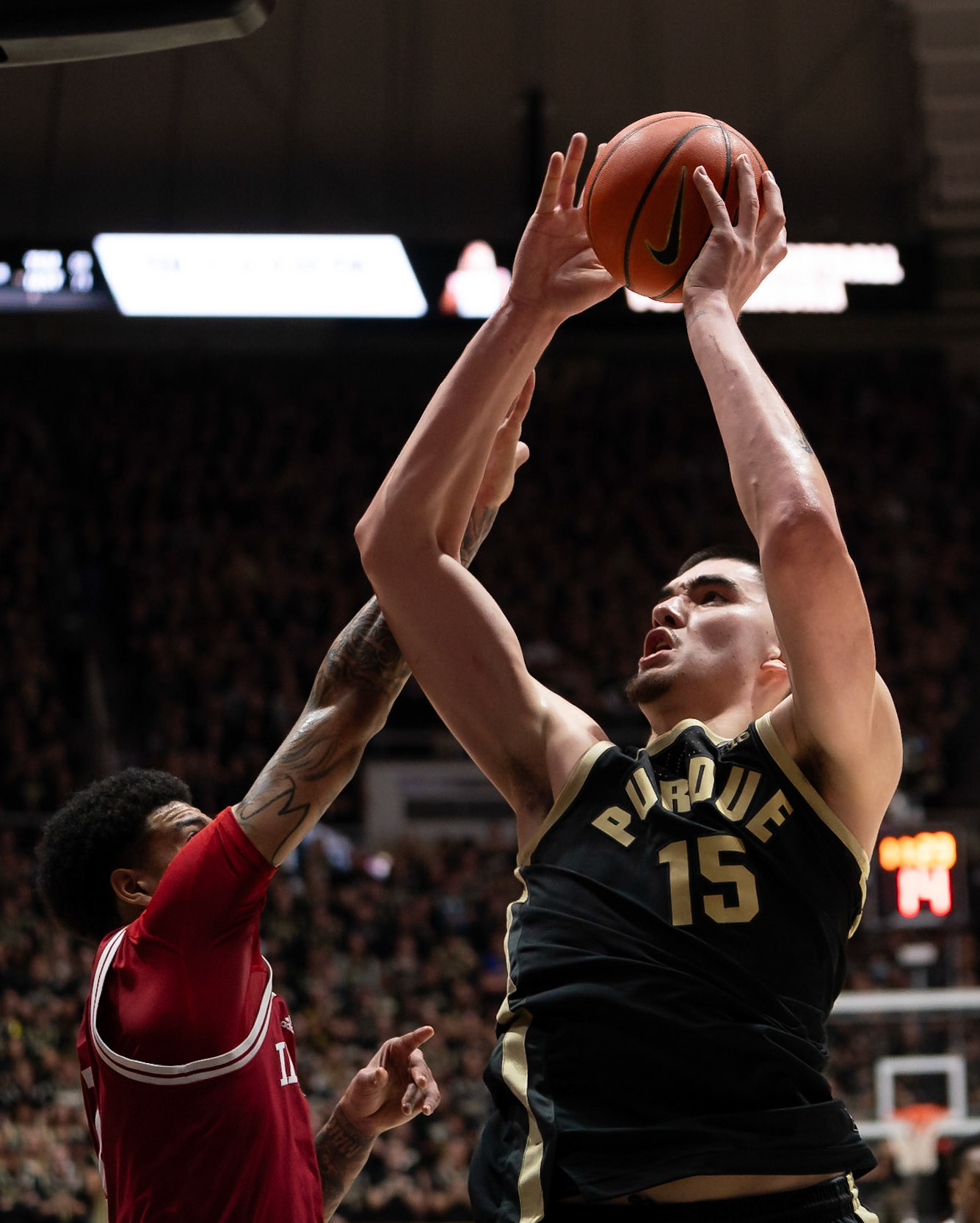 WEST LAFAYETTE, IN - FEBRUARY 10, 2024: Purdue Senior Center Zach Edey (15), Indiana Sophomore Center Kel'el Ware (1) in Purdue Boilermaker vs Indiana Hoosiers Basketball at Mackey Arena(Photo by Steve Bowen / Bowen Arrow Photography / Northern Indiana Sports Report)