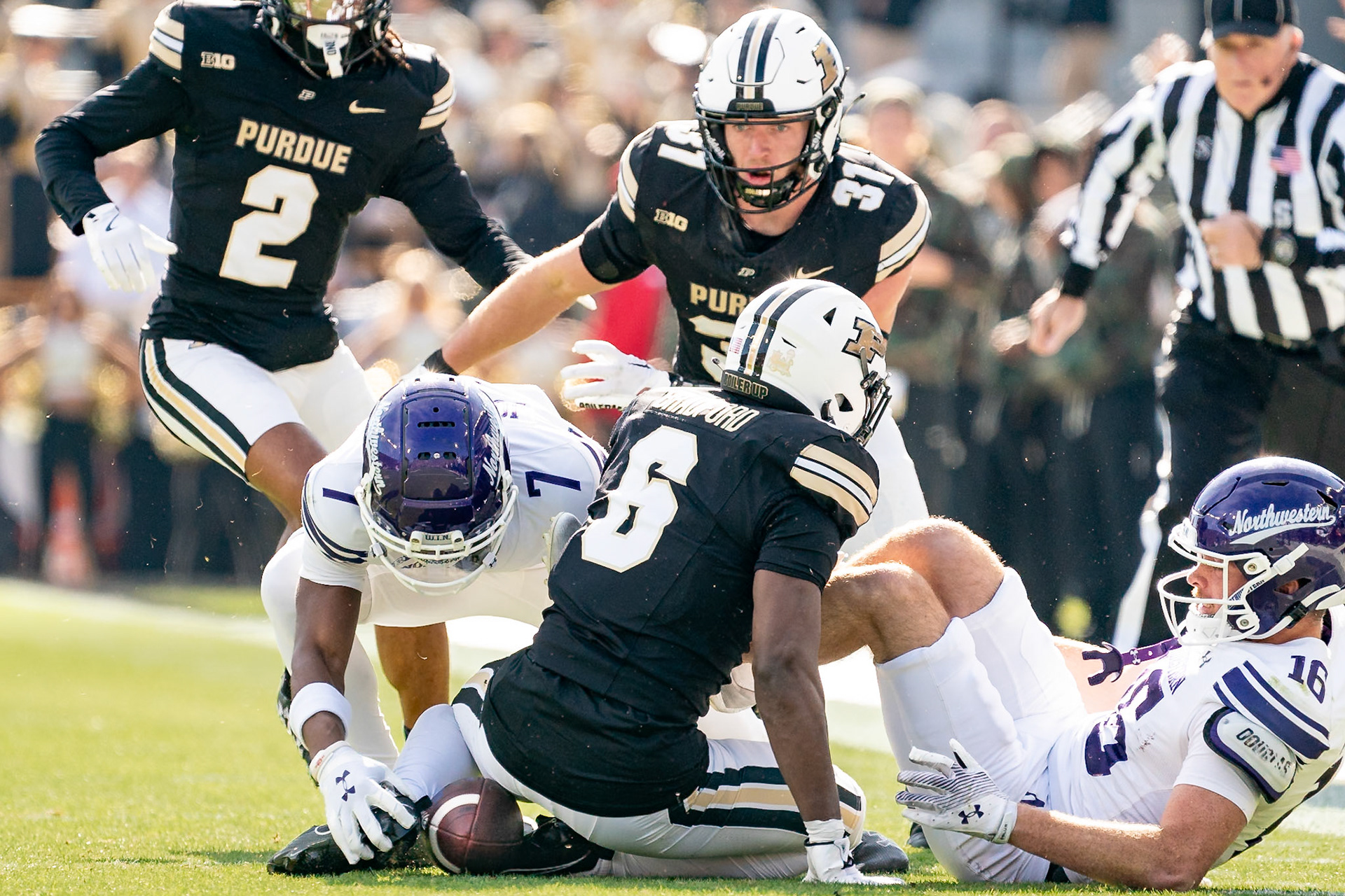 WEST LAFAYETTE, IN - NOVEMBER 2, 2024: Northwestern University Wide Receiver Calvin Johnson II (7) recovers a fumble by Northwestern University Wide Receiver Frank Covey IV (16) after bieng hit hard by Purdue University Freshman Defensive Back Smiley Bradford (6) and Purdue University Sophomore Defensive Back Dillon Thieneman (31) during the Purdue University Boilermakers vs Northwestern University Wildcats Football game at Ross-Ade Stadium(Photo by Steve Bowen / Bowen Arrow Photography / Northern Indiana Sports Report)