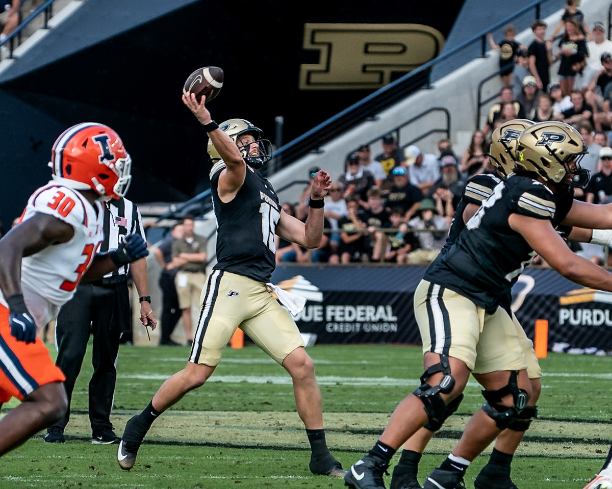 WEST LAFAYETTE, IN - OCTOBER 4, 2025: Purdue University Sophomore Quarterback Ryan Browne (15) throwing a deep pass during the Purdue Boilermaker Football vs University of Illinois Fighting Illini at Ross-Ade Stadium(Photo by Steve Bowen / Northern Indiana Sports Report)