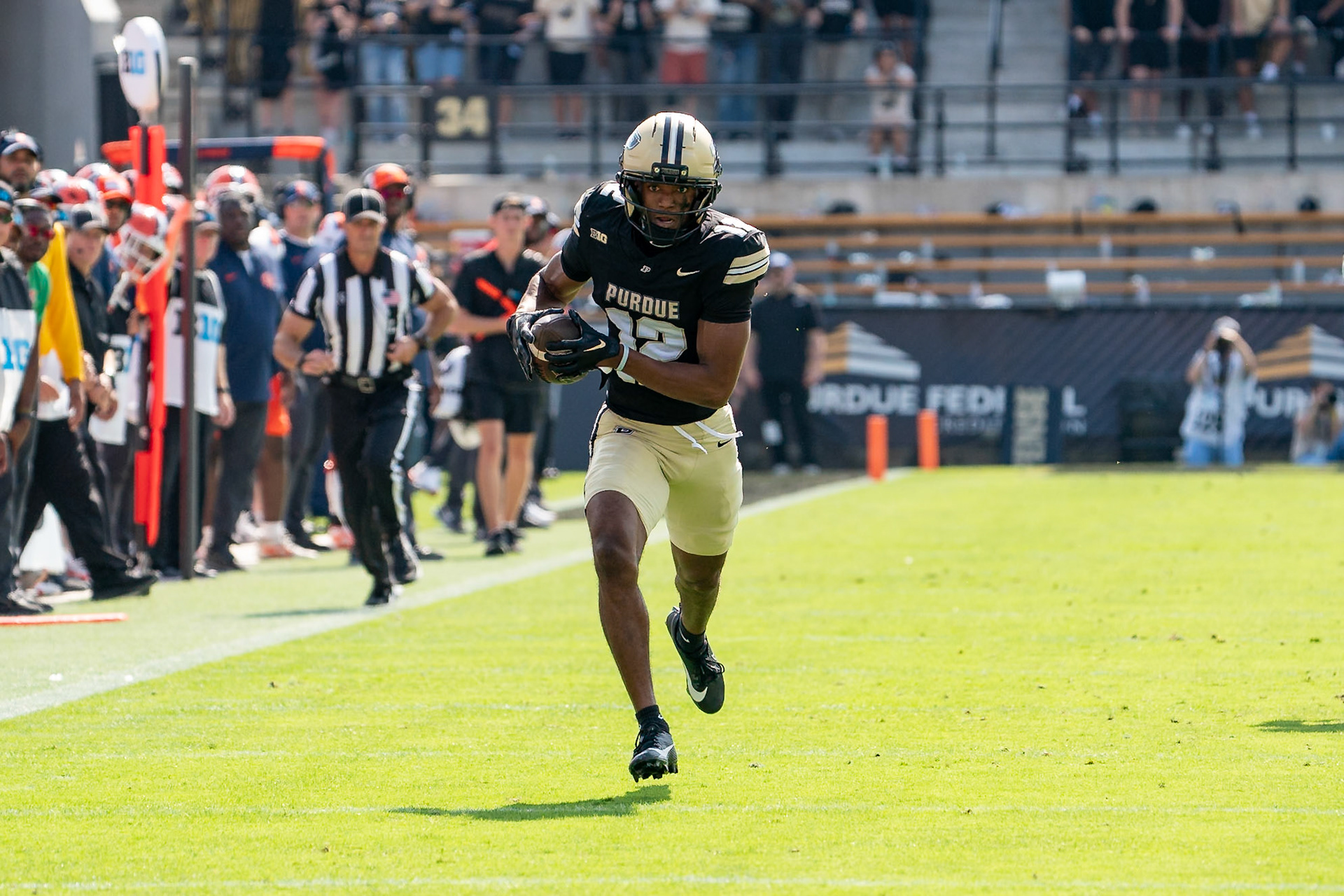 WEST LAFAYETTE, IN - OCTOBER 4, 2025: Purdue University Sophomore Wide Receiver Corey Smith (12) runs towards the end one during the Purdue Boilermaker Football vs University of Illinois Fighting Illini at Ross-Ade Stadium(Photo by Steve Bowen / Northern Indiana Sports Report)