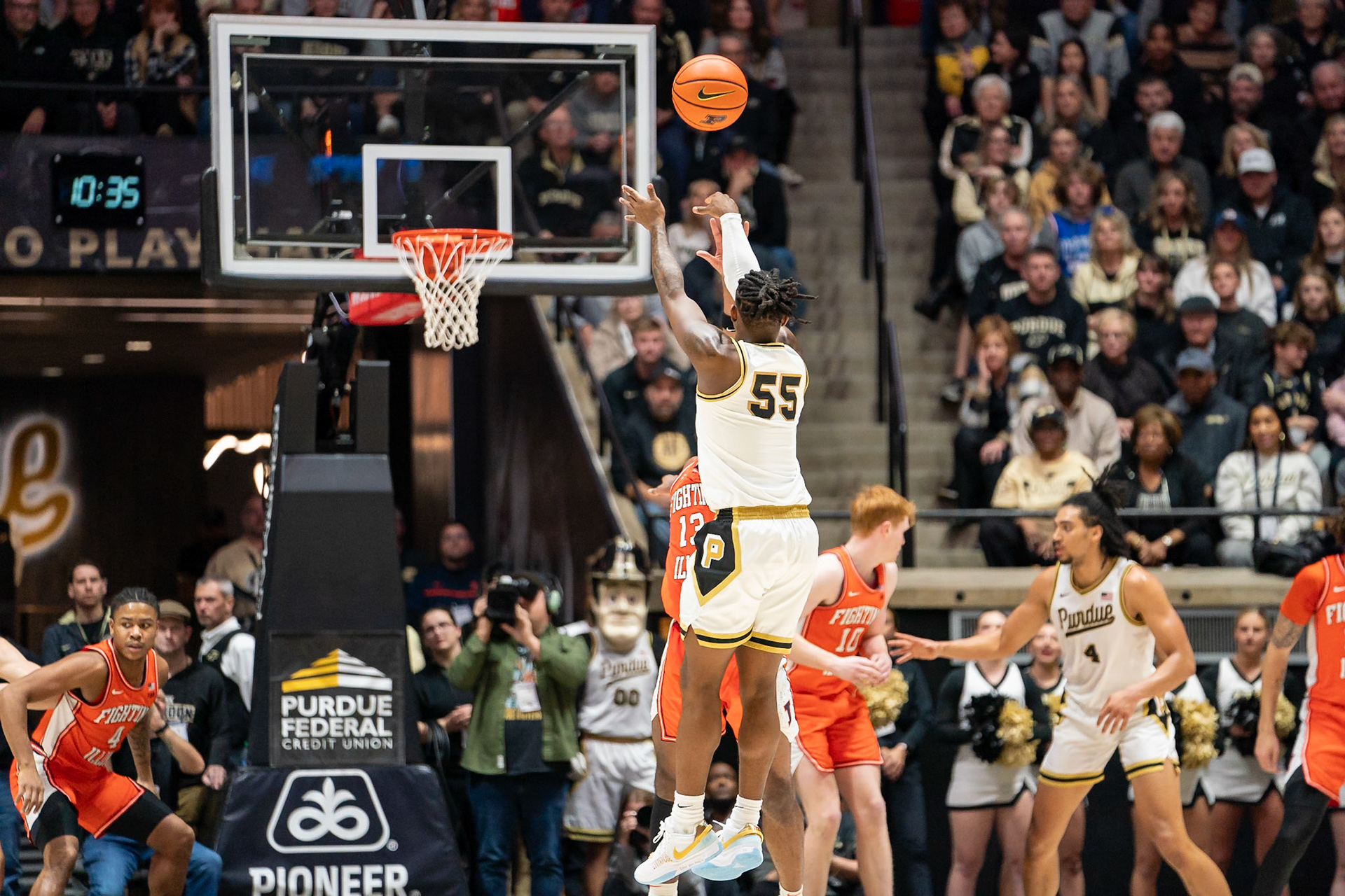WEST LAFAYETTE, IN - JANUARY 5, 2024: Purdue 5th year Guard Lance Jones (55) puts up a shot in Purdue Boilermaker's Basketball vs the Illinois Fighting Illini at Mackey Arena(Photo by Steve Bowen / Bowen Arrow Photography / Northern Indiana Sports Report)