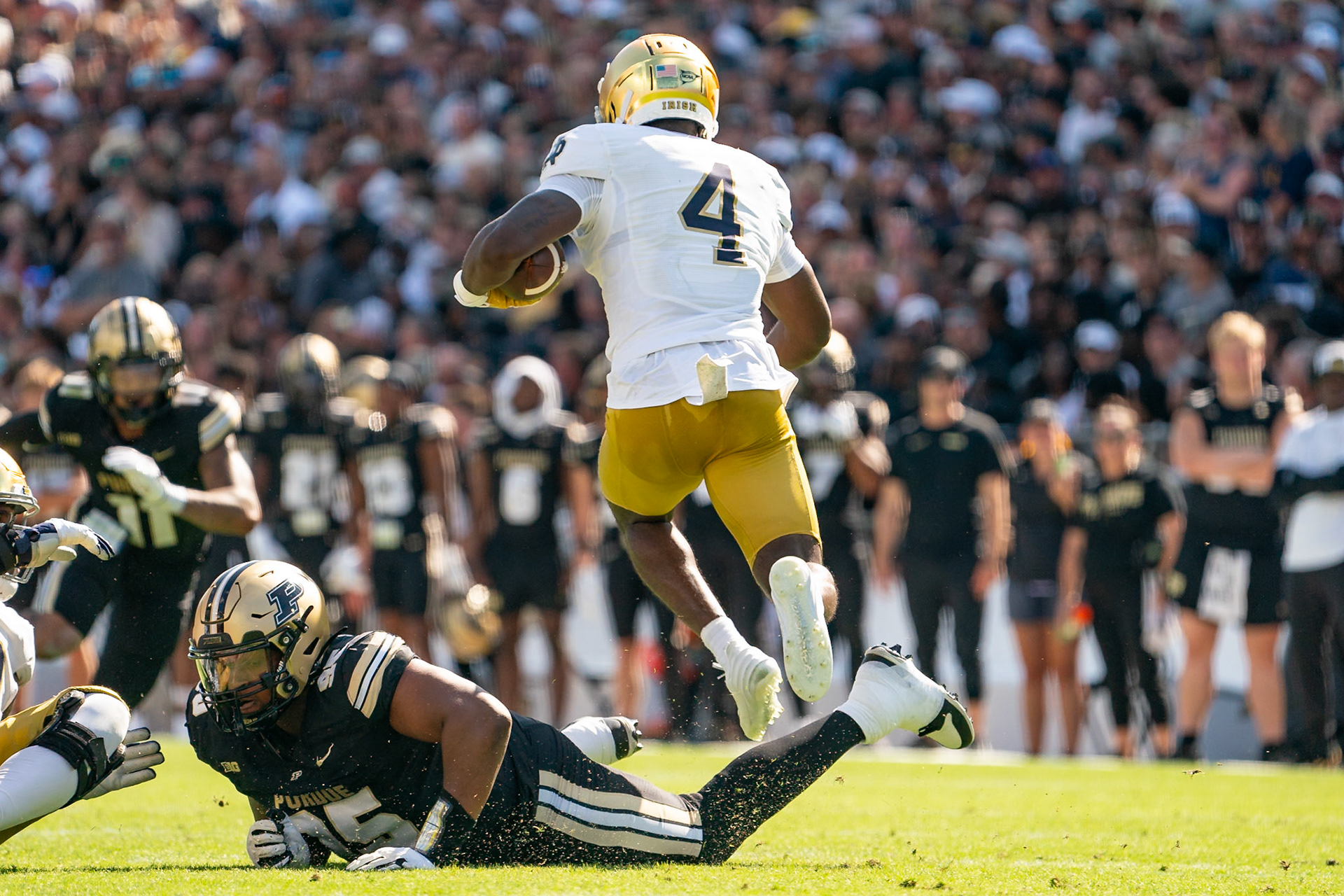 WEST LAFAYETTE, IN - SEPTEMBER 14, 2024: Notre Dame Sophomore RB Jeremiyah Love (4), Purdue Sr. Defensive Lineman Joe Anderson (95) during the Purdue University Boilermakers vs Notre Dame Fighting Irish Football game at Ross-Ade Stadium(Photo by Steve Bowen / Bowen Arrow Photography / Northern Indiana Sports Report)