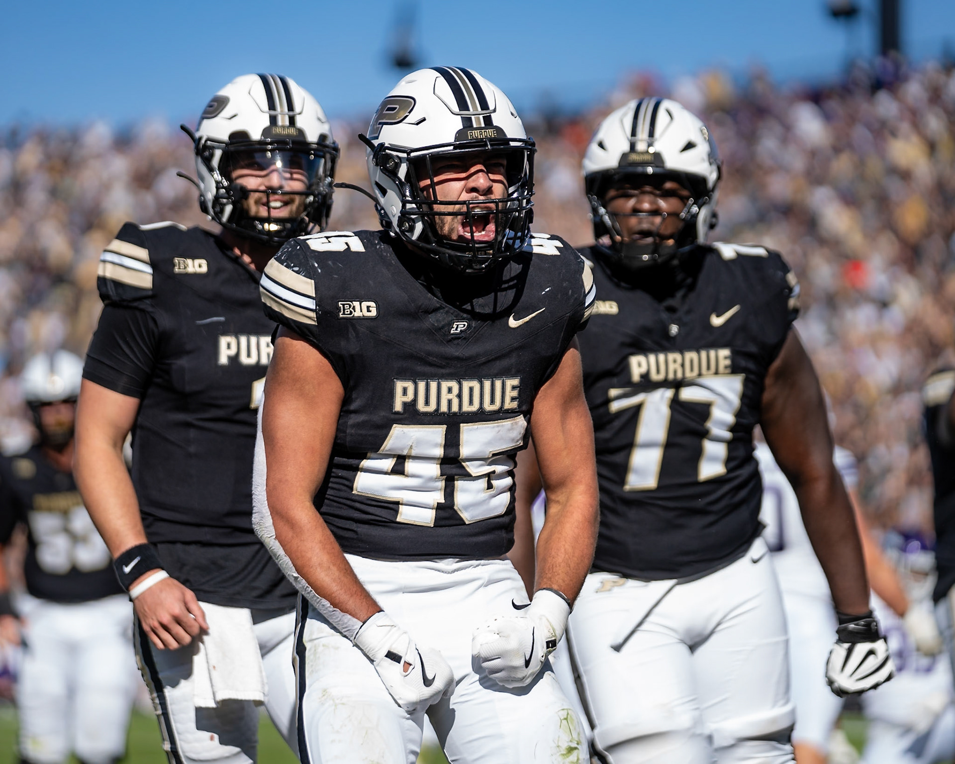 WEST LAFAYETTE, IN - NOVEMBER 2, 2024: Purdue University Junior Running Back Devin Mockobee (45) celebrates after scoring a touchdown during the Purdue University Boilermakers vs Northwestern University Wildcats Football game at Ross-Ade Stadium(Photo by Steve Bowen / Bowen Arrow Photography / Northern Indiana Sports Report)