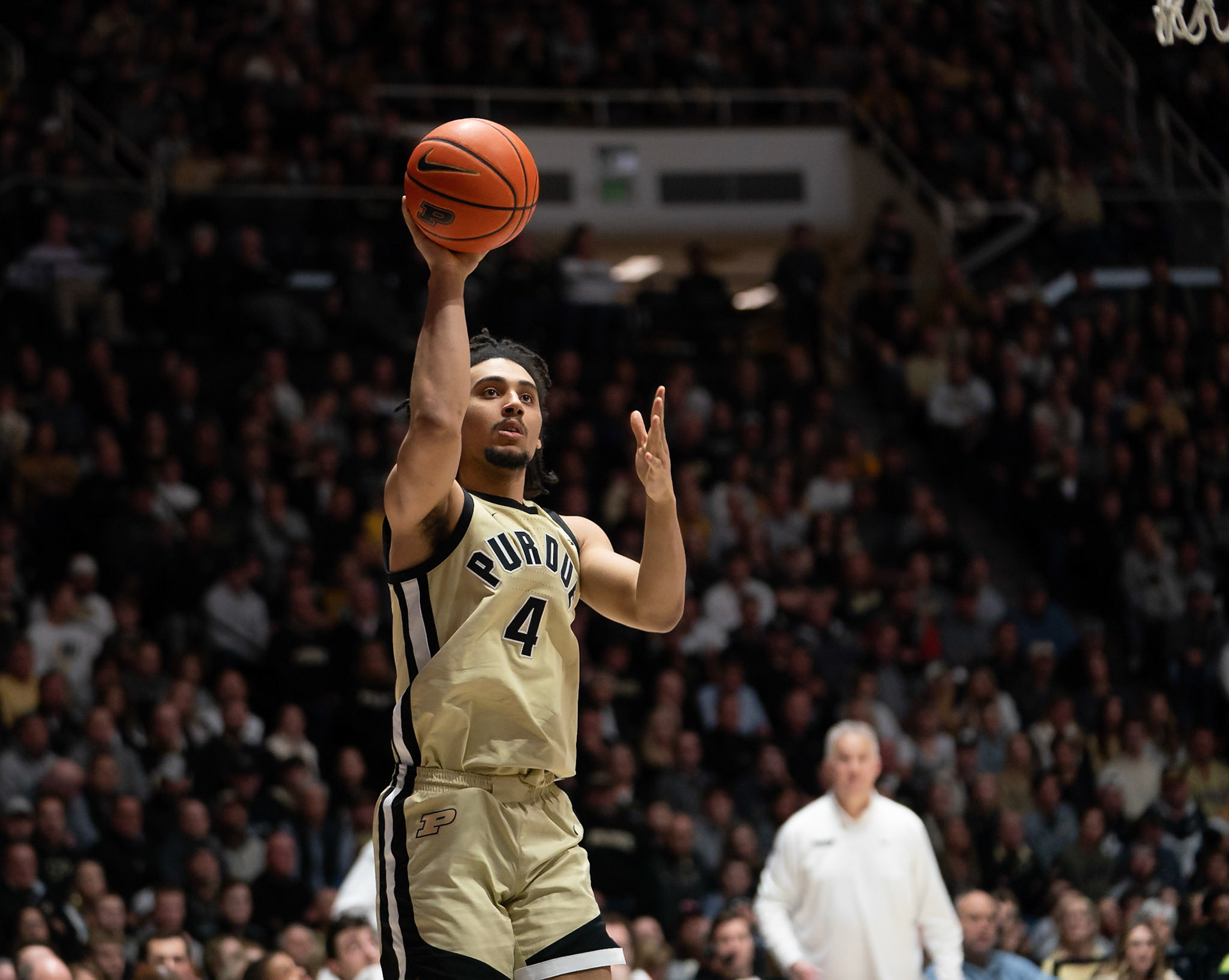 WEST LAFAYETTE, IN - FEBRUARY 15, 2024: Purdue Sophomore Forward Trey Kaufman-Renn (4) in Purdue Boilermakers Men's Basketball vs the Minnesota Golden Gophers at Mackey Arena(Photo by Steve Bowen / Bowen Arrow Photography / Northern Indiana Sports Report)