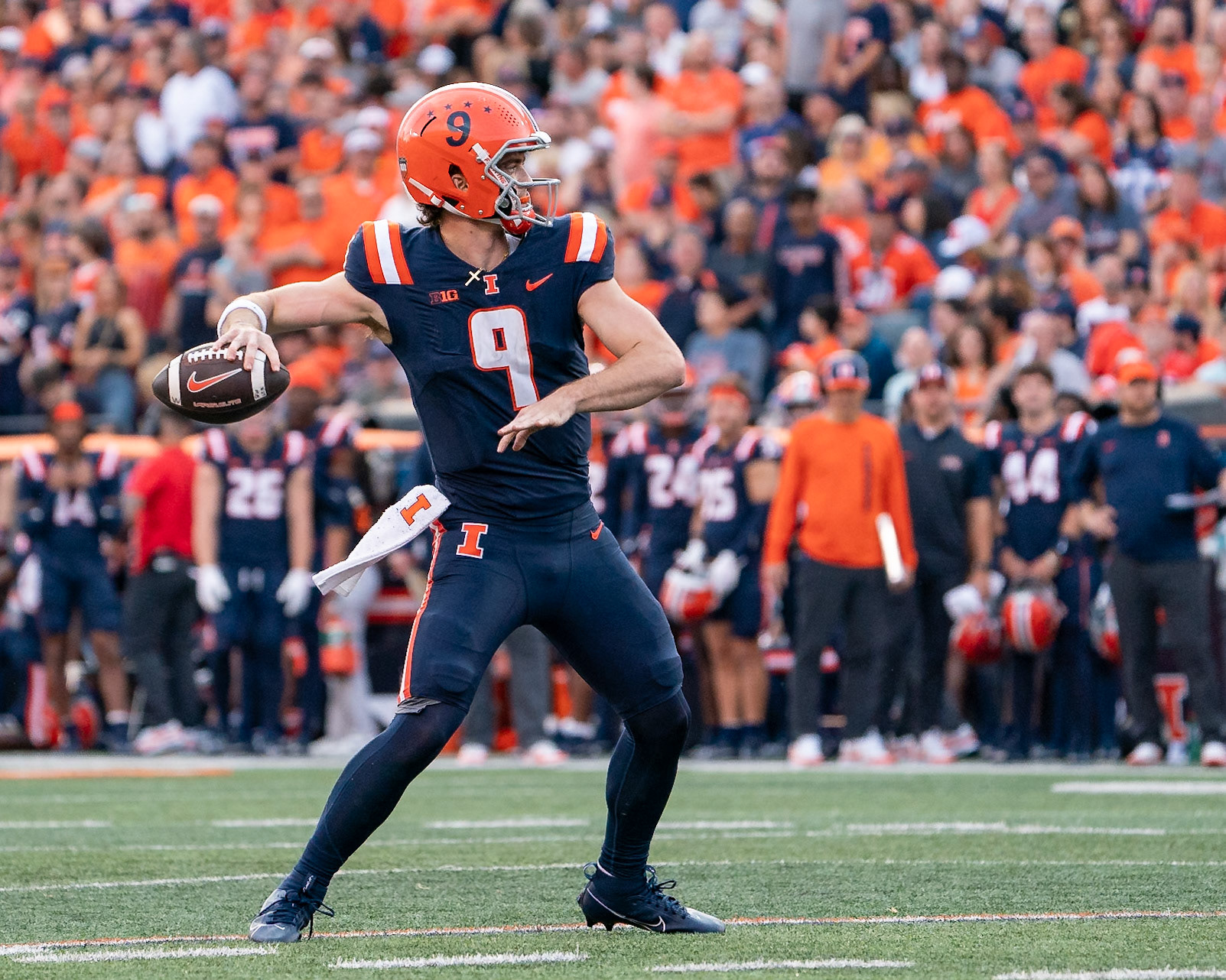 CHAMPAIGN, IL - OCTOBER 12, 2024: University of Illinois Junior QB Luke Altmyer (9) during the Purdue University Boilermakers at University of Illinois Fighting Illini Football game at Memorial Stadium(Photo by Steve Bowen / Bowen Arrow Photography / Northern Indiana Sports Report)