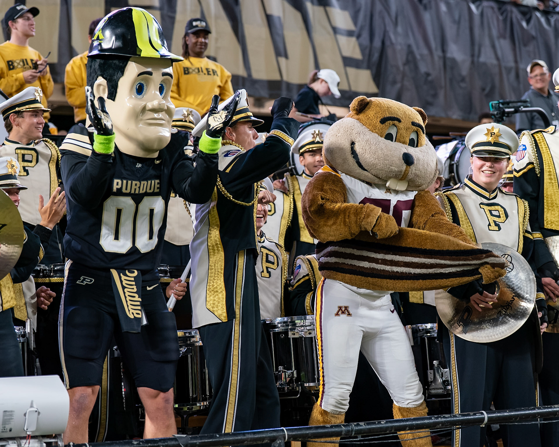 WEST LAFAYETTE, IN - OCTOBER 10, 2026: Purdue University Mascot Purdue Pete, University of Minnesota Mascot Goldy Gopher, Purdue University “All-American” Marching Band during the Purdue Boilermakers vs Minnesota Golden Gophers football game at Ross-Ade Stadium(Photo by Steve Bowen / Northern Indiana Sports Report)