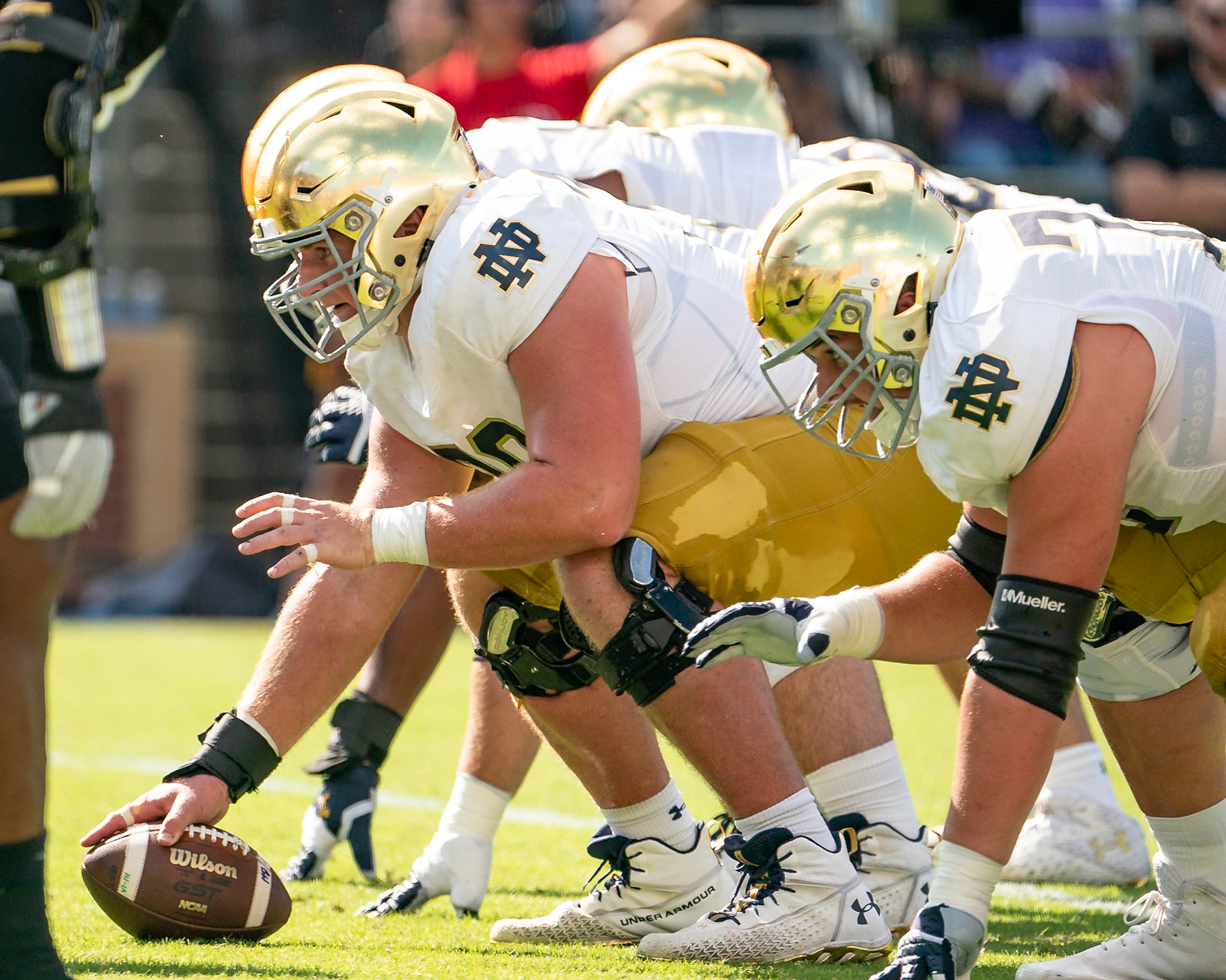 WEST LAFAYETTE, IN - SEPTEMBER 14, 2024: Notre Dame Sophomore OL Ashton Craig (70), Notre Dame Freshman OL Sam Pendleton (72) during the Purdue University Boilermakers vs Notre Dame Fighting Irish Football game at Ross-Ade Stadium(Photo by Steve Bowen / Bowen Arrow Photography / Northern Indiana Sports Report)