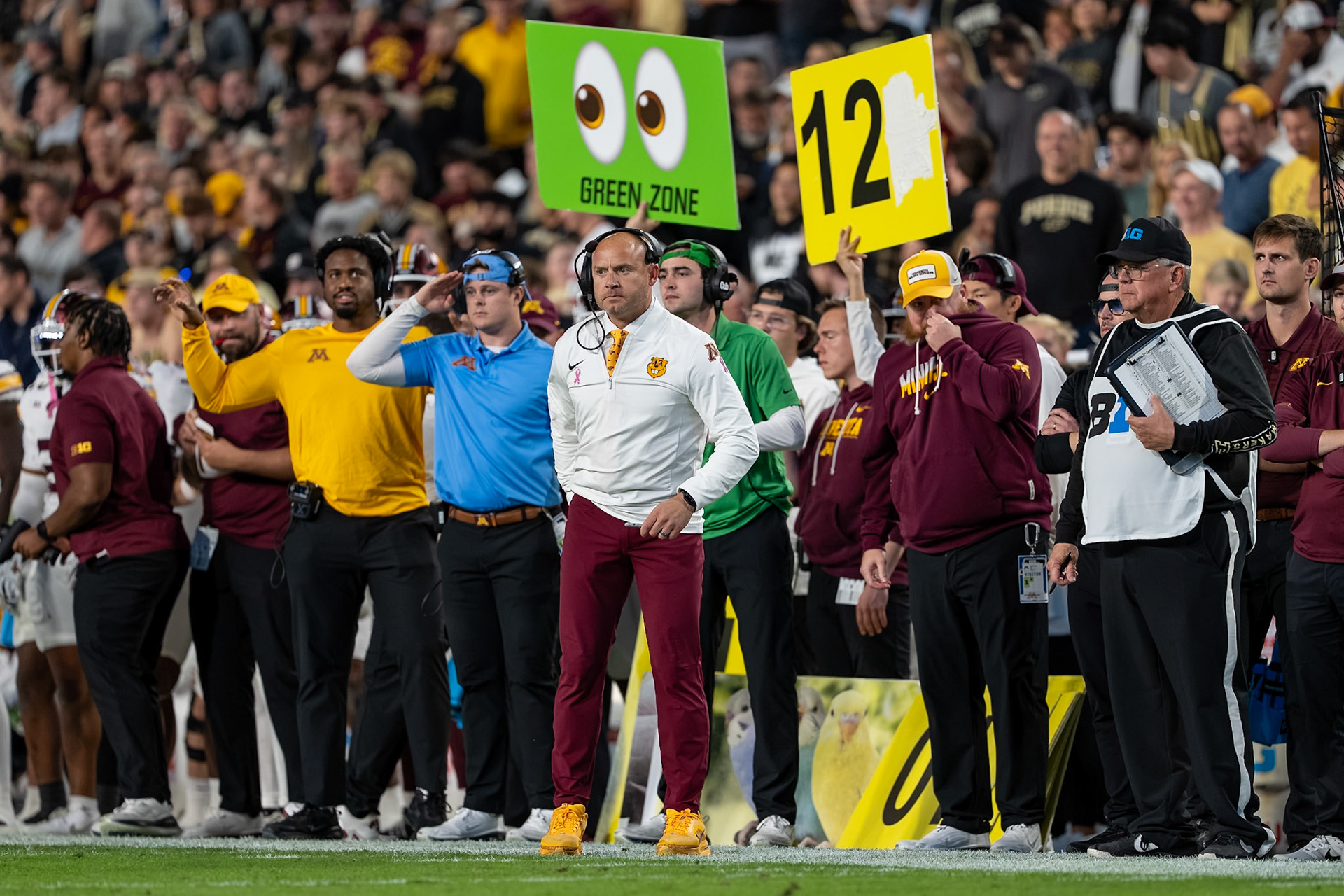 WEST LAFAYETTE, IN - OCTOBER 10, 2026: University of Minnesota Football Head Coach P.J. Fleck during the Purdue Boilermakers vs Minnesota Golden Gophers football game at Ross-Ade Stadium(Photo by Steve Bowen / Northern Indiana Sports Report)