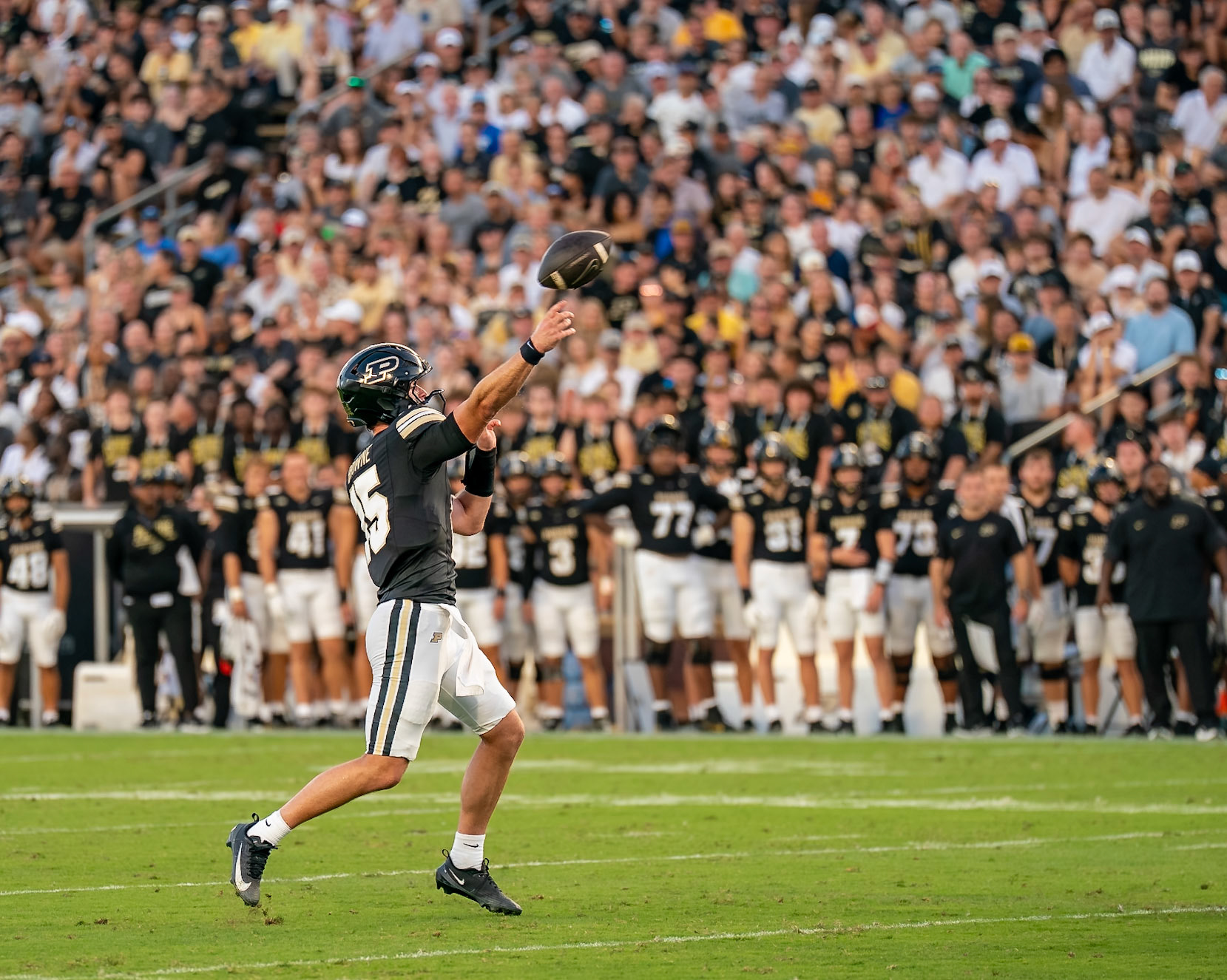 WEST LAFAYETTE, IN - SEPTEMBER 4, 2026: Purdue University Quarterback Ryan Browne (15) throws a deep pass to the end zone during the 1st quarter of the Purdue Boilermaker Football game vs the Indiana State Sycamores at Ross-Ade Stadium(Photo by Steve Bowen / Northern Indiana Sports Report)