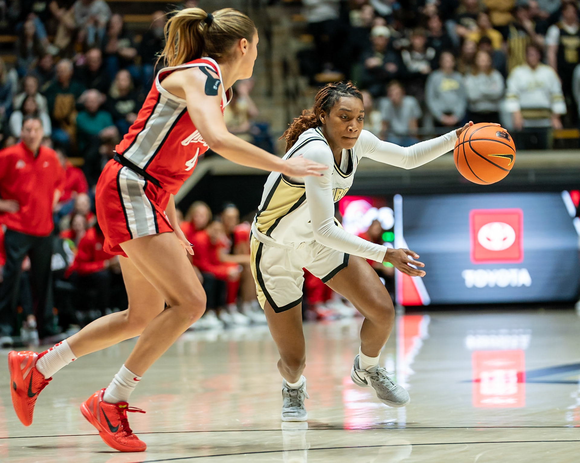 WEST LAFAYETTE, IN - JANUARY 28, 2024: Purdue Freshman Guard Rashunda Jones (2), Ohio State Guard Graduate Jacy Sheldon (4) competing in Purdue Boilermaker Women's Basketball versus the Ohio State Buckeyes at Mackey Arena(Photo by Steve Bowen / Bowen Arrow Photography / Northern Indiana Sports Report)