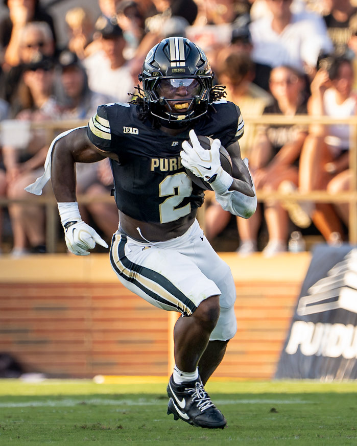 WEST LAFAYETTE, IN - SEPTEMBER 4, 2026: Purdue University Sophomore Running Back Fame Ijeboi (2) runs the ball upfield during the Purdue Boilermaker Football game vs the Indiana State Sycamores at Ross-Ade Stadium(Photo by Steve Bowen / Northern Indiana Sports Report)