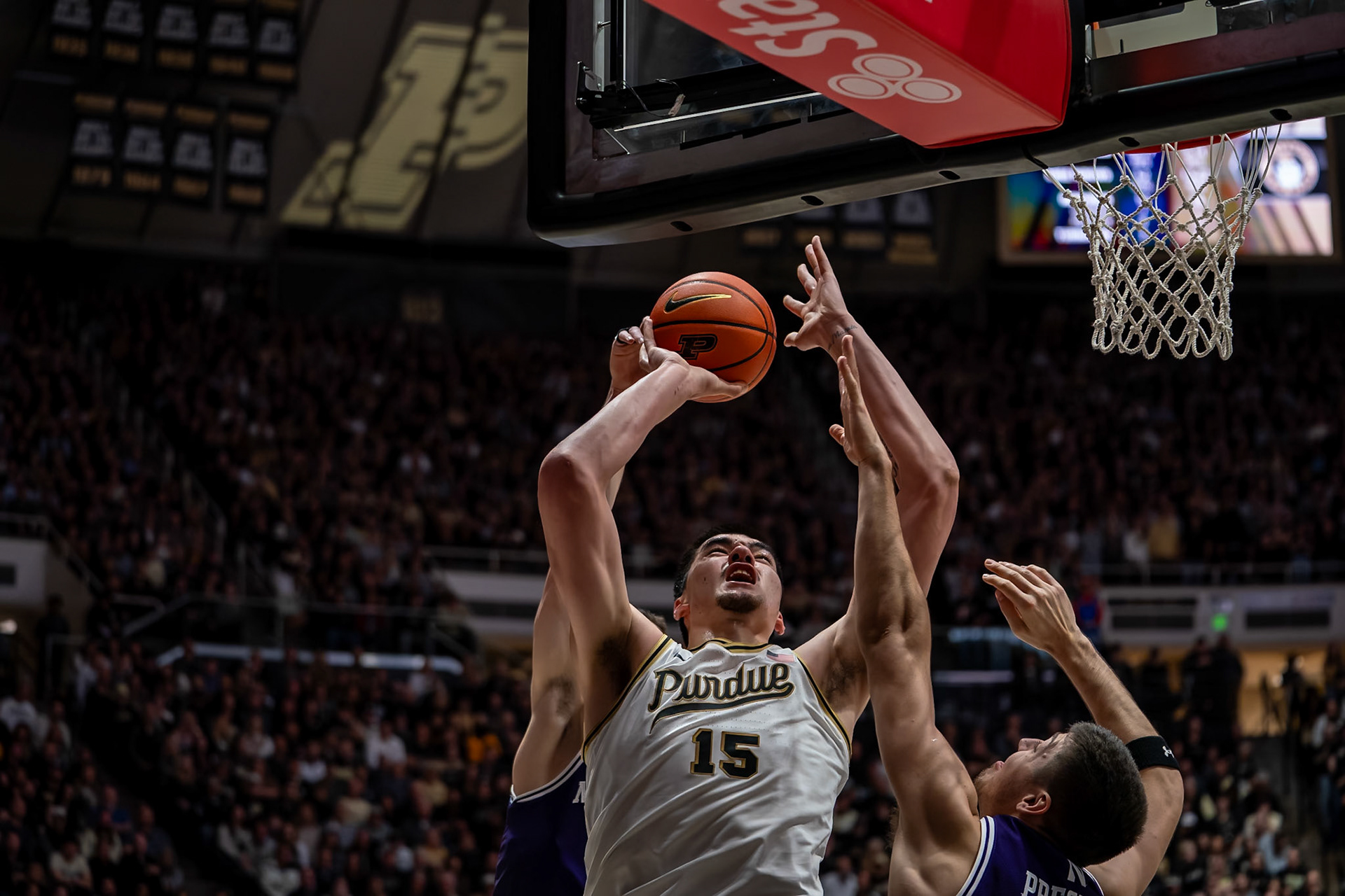 WEST LAFAYETTE, IN - JANUARY 31, 2024: Purdue Senior Center Zach Edey (15) competing in Purdue Boilermakers Mens Basketball versus the Northwestern Wildcats at Mackey Arena(Photo by Steve Bowen / Bowen Arrow Photography / Northern Indiana Sports Report)