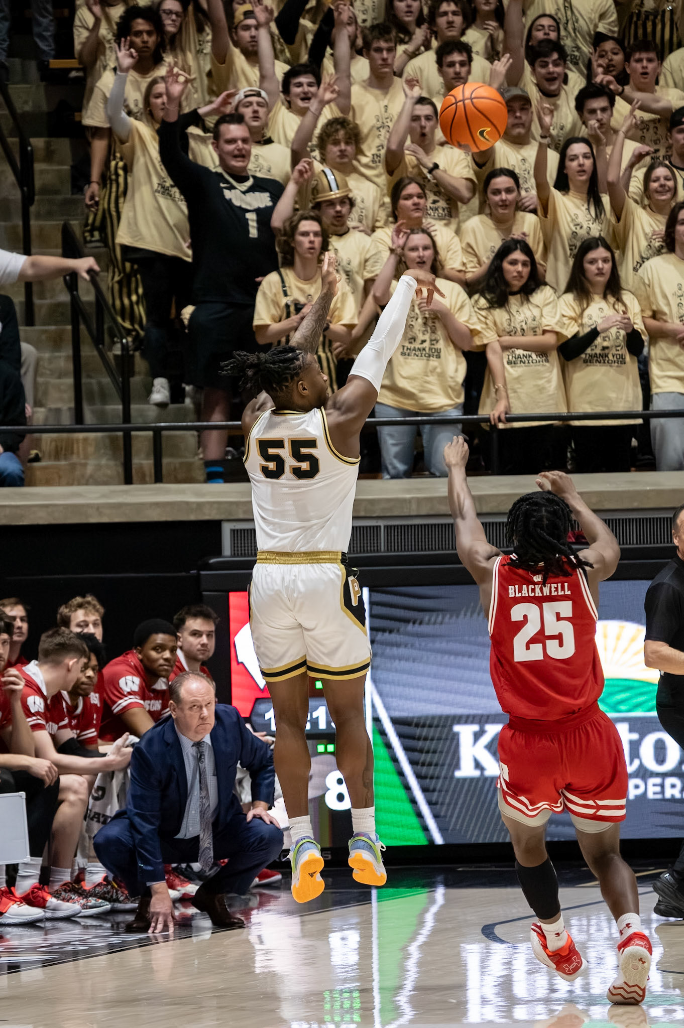 WEST LAFAYETTE, IN - MARCH 10, 2024: Purdue 5th year Guard Lance Jones (55), Wisconsin Freshman Guard John Blackwell (25) competing in Purdue University Boilermaker Basketball vs University of Wisconsin Badgers at Mackey Arena(Photo by Steve Bowen / Bowen Arrow Photography / Northern Indiana Sports Report)