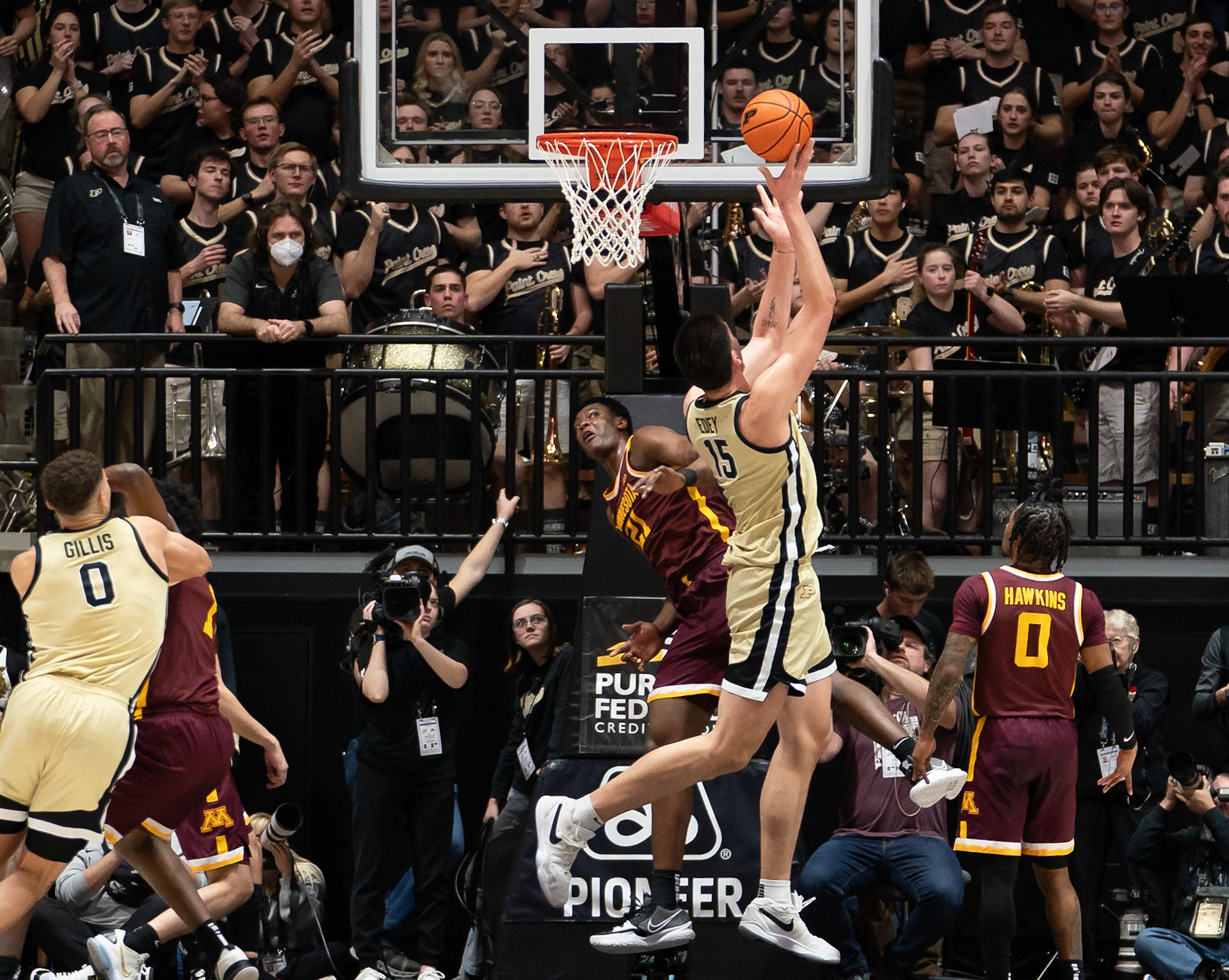 WEST LAFAYETTE, IN - FEBRUARY 15, 2024: Purdue Senior Center Zach Edey (15), Minnesota Sophomore Forward Pharrel Payne (21) in Purdue Boilermakers Men's Basketball vs the Minnesota Golden Gophers at Mackey Arena(Photo by Steve Bowen / Bowen Arrow Photography / Northern Indiana Sports Report)