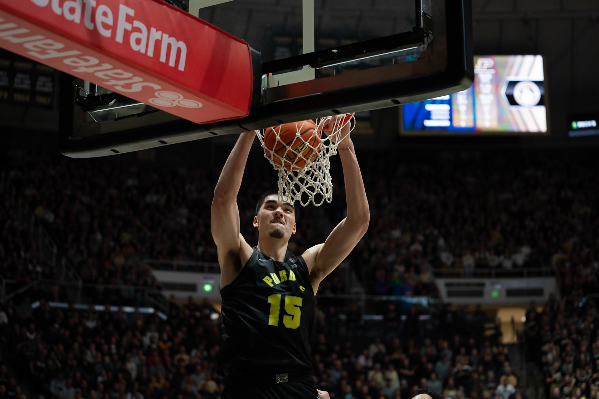 WEST LAFAYETTE, IN - JANUARY 23, 2024: Purdue Senior Center Zach Edey (15) competing in Purdue versus Michigan Mens Basketball at Mackey Arena(Photo by Steve Bowen / Bowen Arrow Photography / Northern Indiana Sports Report)