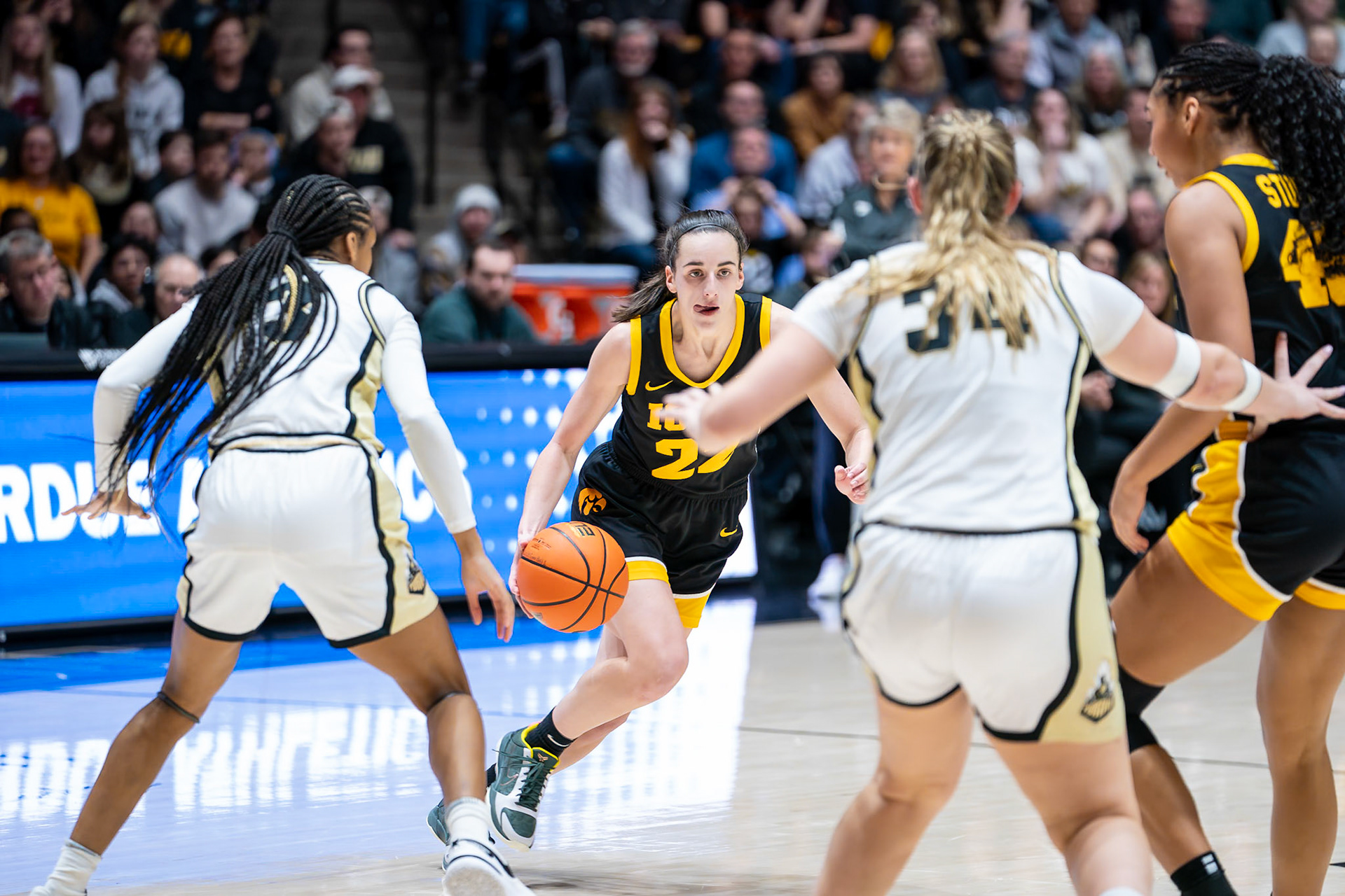 WEST LAFAYETTE, IN - JANUARY 10, 2024: Iowa Guard Senior Caitlin Clark (22) competing in Purdue Boilermaker Women's Basketball vs the Iowa Hawkeyes at Mackey Arena(Photo by Steve Bowen / Bowen Arrow Photography / Northern Indiana Sports Report)