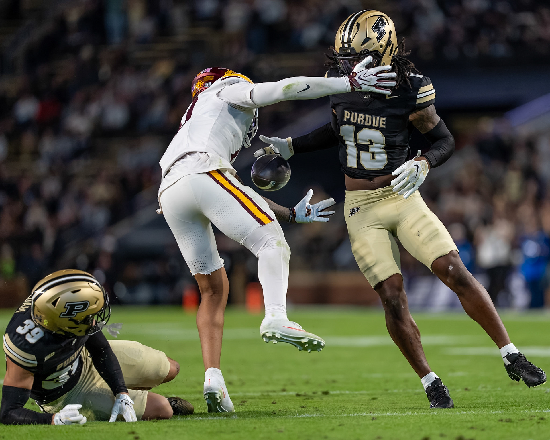WEST LAFAYETTE, IN - OCTOBER 10, 2026: Purdue University Junior Defensive Back John Slaughter (13), University of Minnesota 5th Year WR Javon Tracy (11) during the Purdue Boilermakers vs Minnesota Golden Gophers football game at Ross-Ade Stadium(Photo by Steve Bowen / Northern Indiana Sports Report)