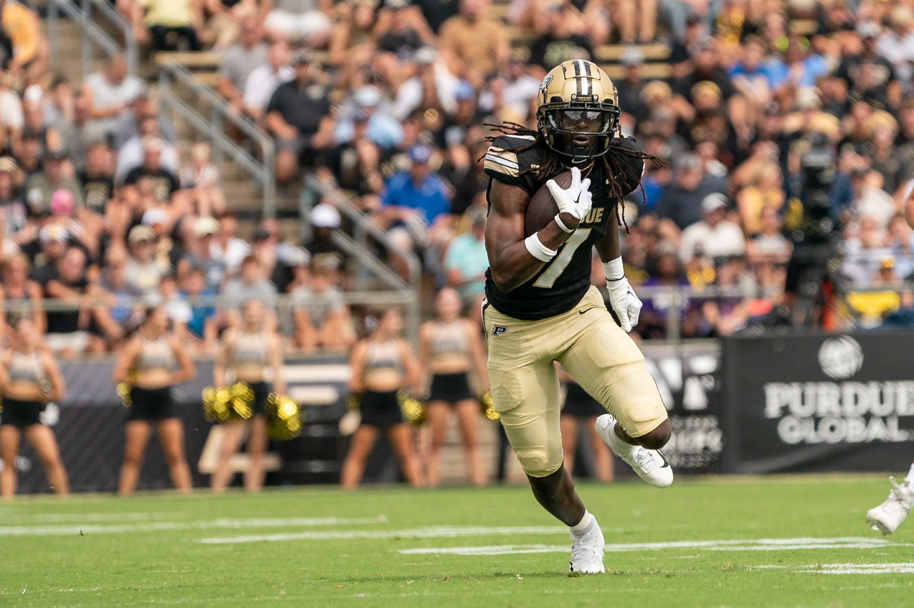 WEST LAFAYETTE, IN - AUGUST 31, 2024: Purdue Jr. WR Jahmal Edrine (7) running after a catch in Purdue's football game vs the Indiana State Sycamores at Ross-Ade Stadium(Photo by Steve Bowen / Bowen Arrow Photography / Northern Indiana Sports Report)
