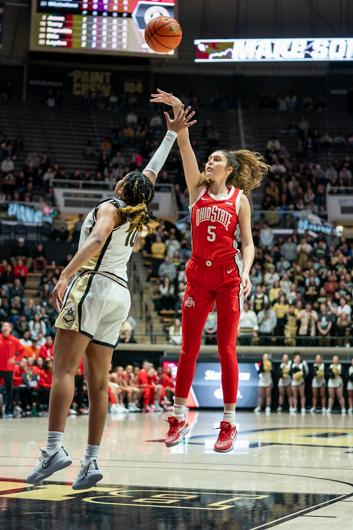 WEST LAFAYETTE, IN - JANUARY 28, 2024: Ohio State Guard Redshirt Sophomore Emma Shumate (5), Purdue 5th Year Guard Jeanae Terry (10) competing in Purdue Boilermaker Women's Basketball versus the Ohio State Buckeyes at Mackey Arena(Photo by Steve Bowen / Bowen Arrow Photography / Northern Indiana Sports Report)