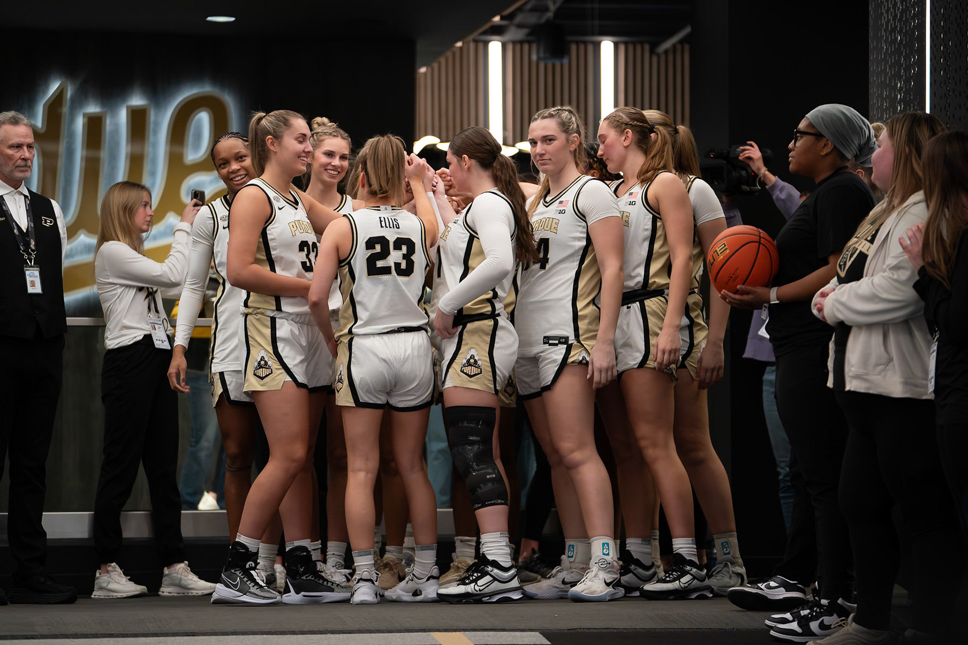 WEST LAFAYETTE, IN - JANUARY 10, 2024: Purdue Senior Guard Madison Layden (33), Purdue 5th Year Guard Abbey Ellis (23), Purdue Freshman Guard Sophie Swanson (31), Purdue 6th Year Forward Caitlyn Harper (34), Purdue Freshman Forward Mary Ashley Stevenson (20), Purdue Junior Guard Jayla Smith (3) competing in Purdue Boilermaker Women's Basketball vs the Iowa Hawkeyes at Mackey Arena(Photo by Steve Bowen / Bowen Arrow Photography / Northern Indiana Sports Report)