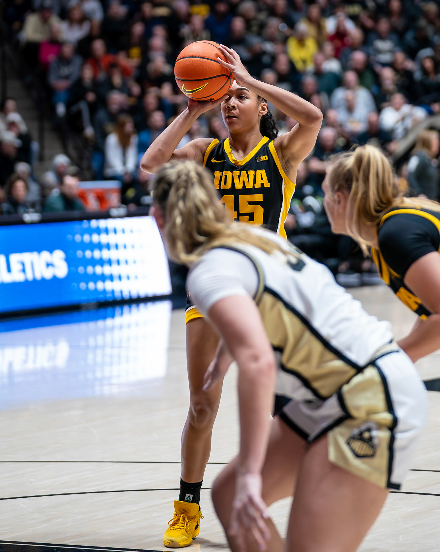 WEST LAFAYETTE, IN - JANUARY 10, 2024: Iowa Forward Sophomore Hannah Stuelke (45) competing in Purdue Boilermaker Women's Basketball vs the Iowa Hawkeyes at Mackey Arena(Photo by Steve Bowen / Bowen Arrow Photography / Northern Indiana Sports Report)