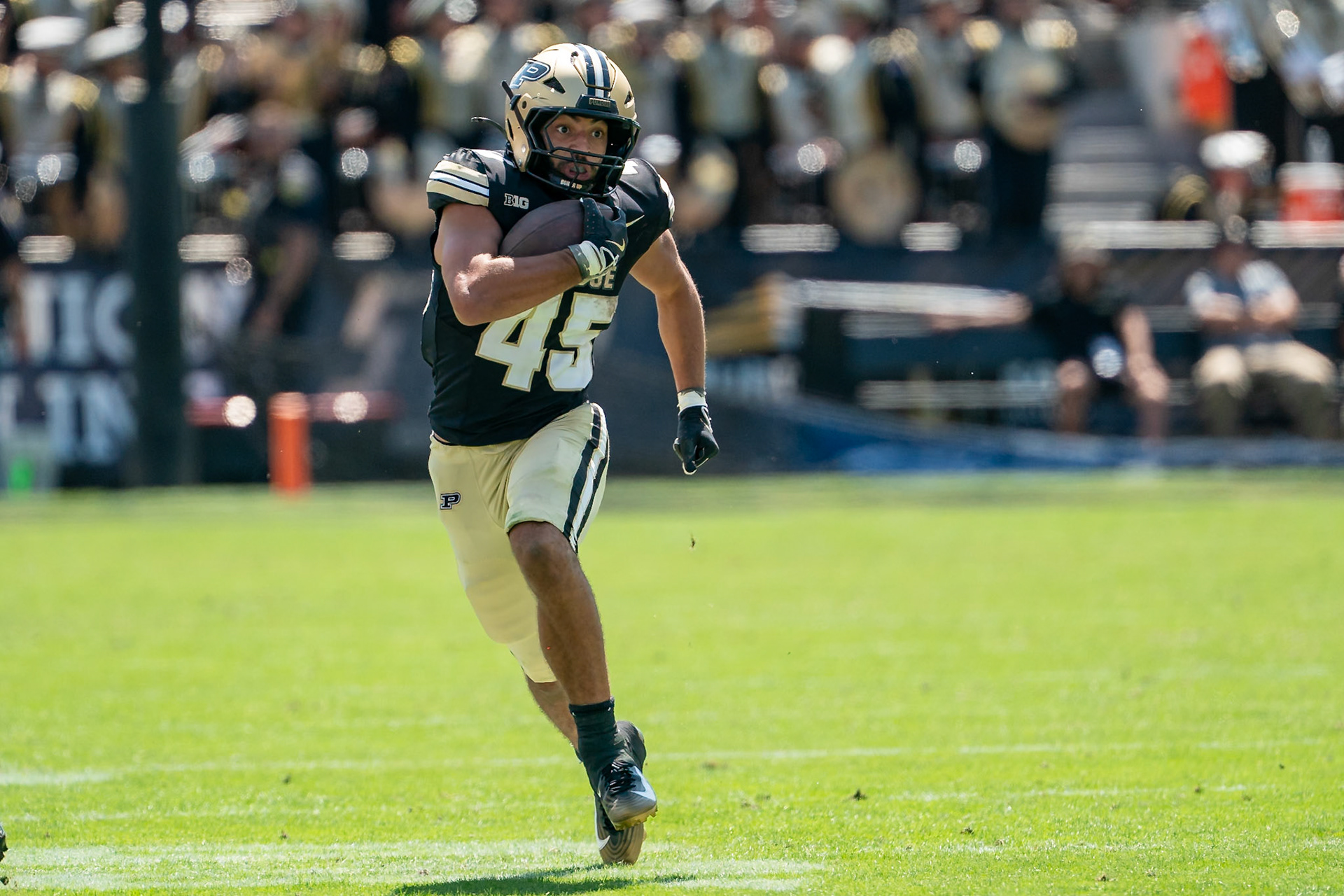 WEST LAFAYETTE, IN - AUGUST 30, 2025: Purdue University Senior Running Back Devin Mockobee (45) running down the sideline at Purdue Boilermaker Football vs Ball State Football at Ross-Ade Stadium(Photo by Steve Bowen / Northern Indiana Sports Report)
