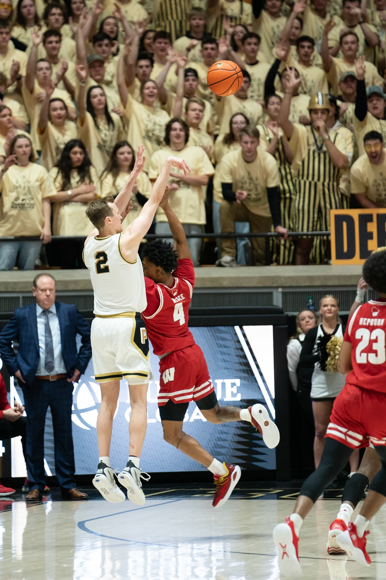 WEST LAFAYETTE, IN - MARCH 10, 2024: Purdue Sophomore Guard Fletcher Loyer (2), Wisconsin Junior Guard Kamari McGee (4) competing in Purdue University Boilermaker Basketball vs University of Wisconsin Badgers at Mackey Arena(Photo by Steve Bowen / Bowen Arrow Photography / Northern Indiana Sports Report)